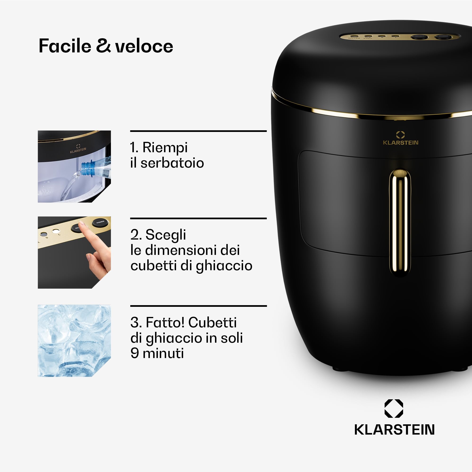 KLARSTEIN Macchina Ghiaccio 2.3L,Macchina del Ghiaccio Professionale,Fabbricatore Ghiaccio Secco fino a 15kg,Cubetti di Grandi e Piccole Dimensioni,Macchina Ghiaccio Casa Autopulente,Ice Maker,Oro