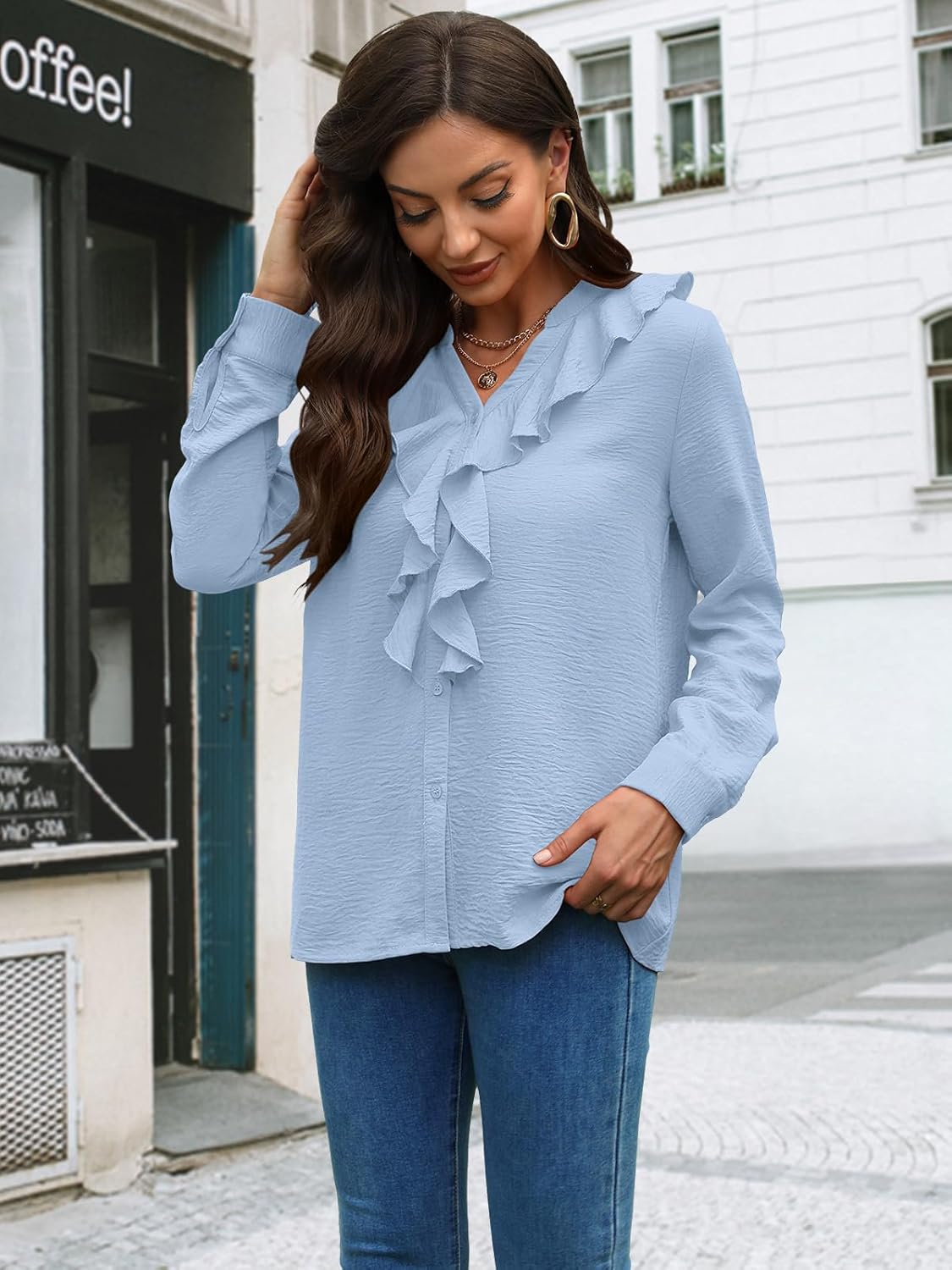 Womens Button Down Shirt Long Sleeve Tops V Neck Ruffle Blouses Casual Business Work Solid Textured Clothes 2025 - Image 2