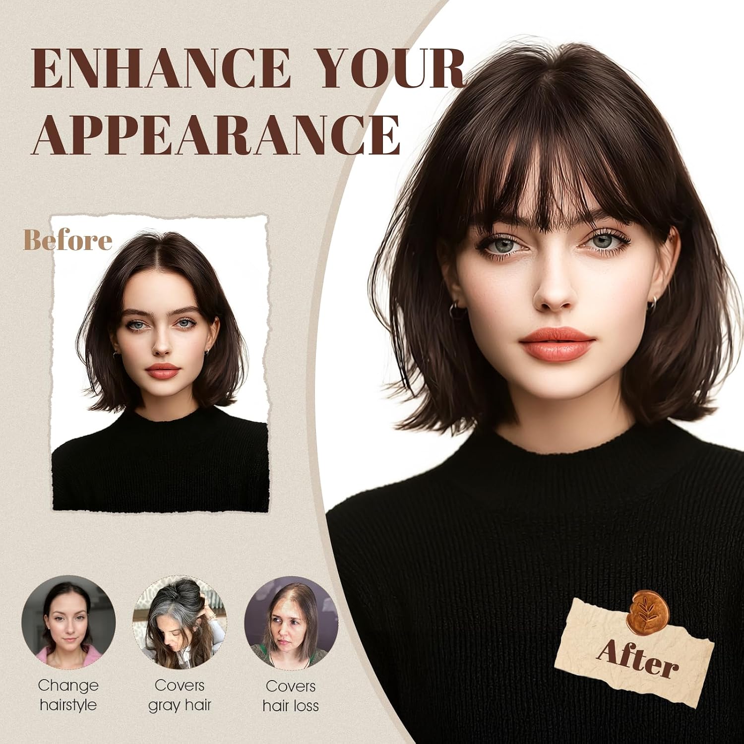Rich Choices Hair Toppers Real Human Hair for Women 100% Human Remy Toppers With 3D Bang Hair Toppers For Thinning Hair Wispy Air Bang Hairpieces 10 Inch #1B Natural Black