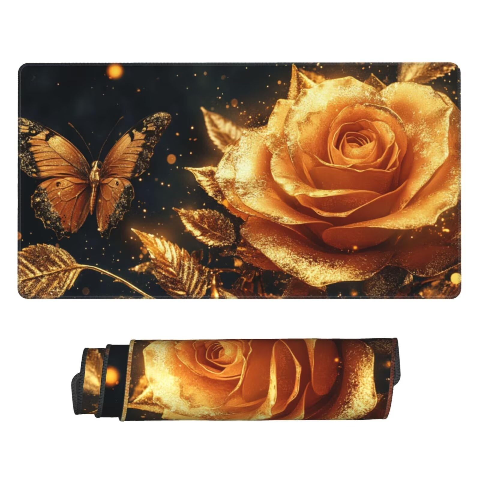 Gaming Mauspad XXL 1200 x 600 x 3mm Mousepad Verlängertes Groß Mauspad Schreibtischauflage,Genähte Kanten rutschfeste Gummibasis,Verbessert Präzision Geschwindigkeit Home Office Goldener Rosen L-2904