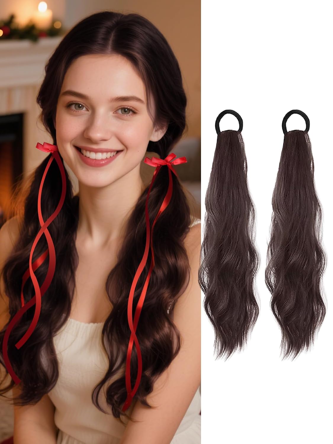 2PCS Curly Ponytail Extension with Ribbon Bow 17 Inch Resistant Synthetic Natural Wavy Hairpiece Long Curly Wavy Hair Piece Brown Pony Tail Hair Extensions for Women（2PCS Black-Black Bow）