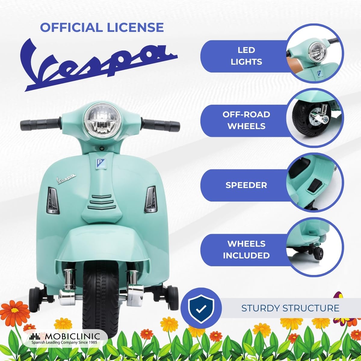 Mobiclinic® Kids, Moto eléctrica niños, Licencia Oficial Vespa Piaggio, Motor 30w, Roma, Luz led, Antivuelco, Velocidad 2, 5 km/h, Botón Musical, 18-36 Meses, Batería 6v, Acelerador, Carga 25 kg