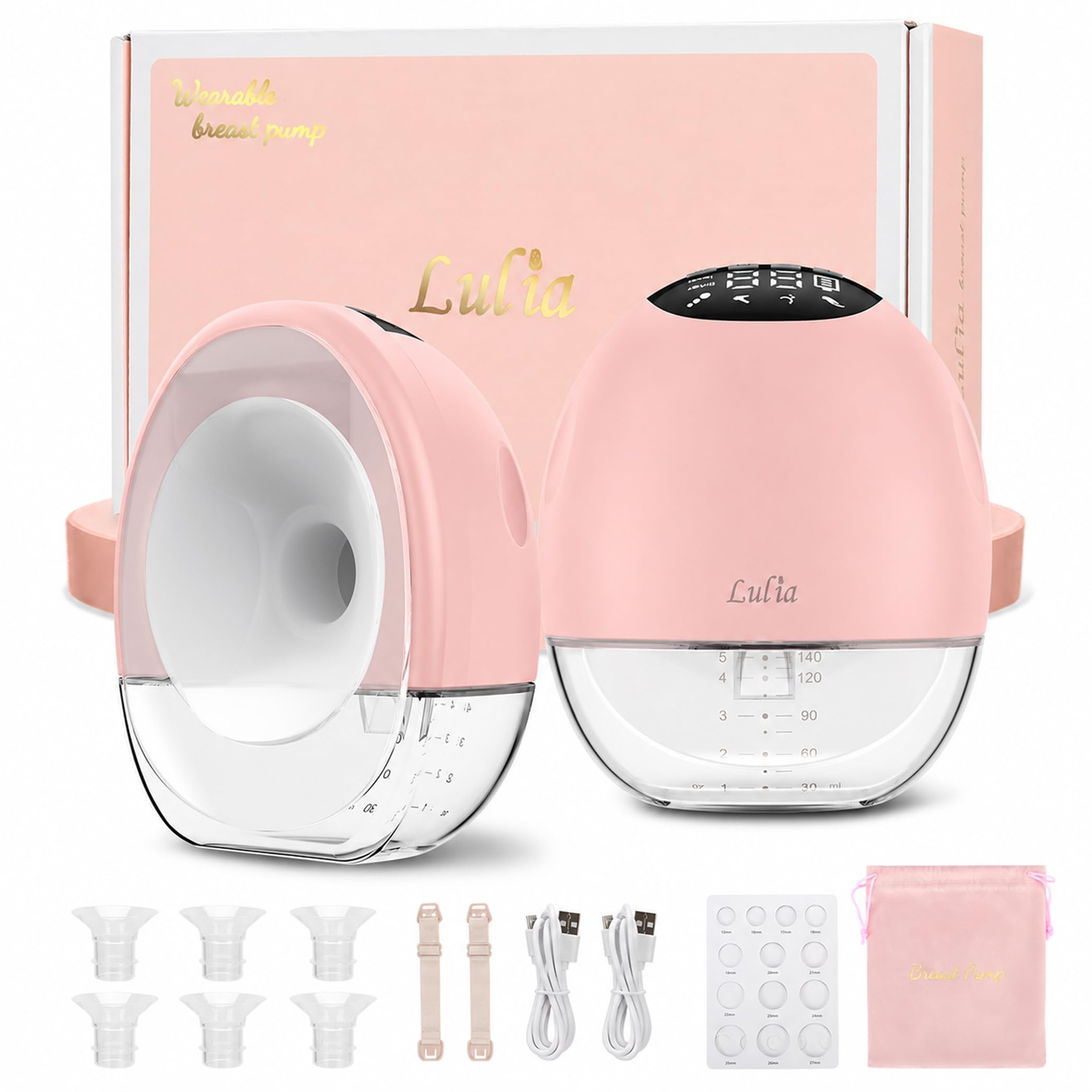 Lulia Electric Breast Pump, Portable Wearable Breast Pumps with 4 Modes and 9 Levels, Hands Free Breast Pump with Strong Suction, Leakproof and Low Noise, 17/19/21/24MM Flanges Included, 2 Packs, Pink