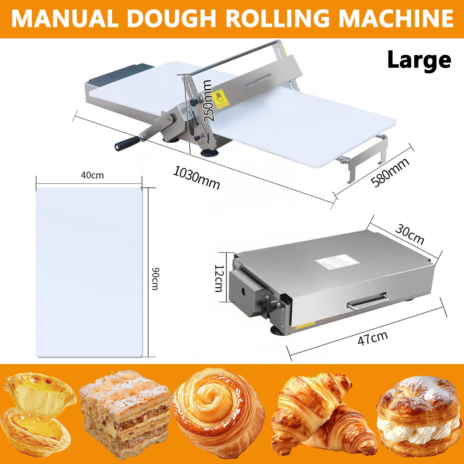 Faltbare Teigausrollmaschine aus Edelstahl mit großer Förderplatte, 2–25 mm einstellbare Dicke, Manuelle Teigrollen-Ausrollmaschine für Blätterteig, Croissants & Pizza Large