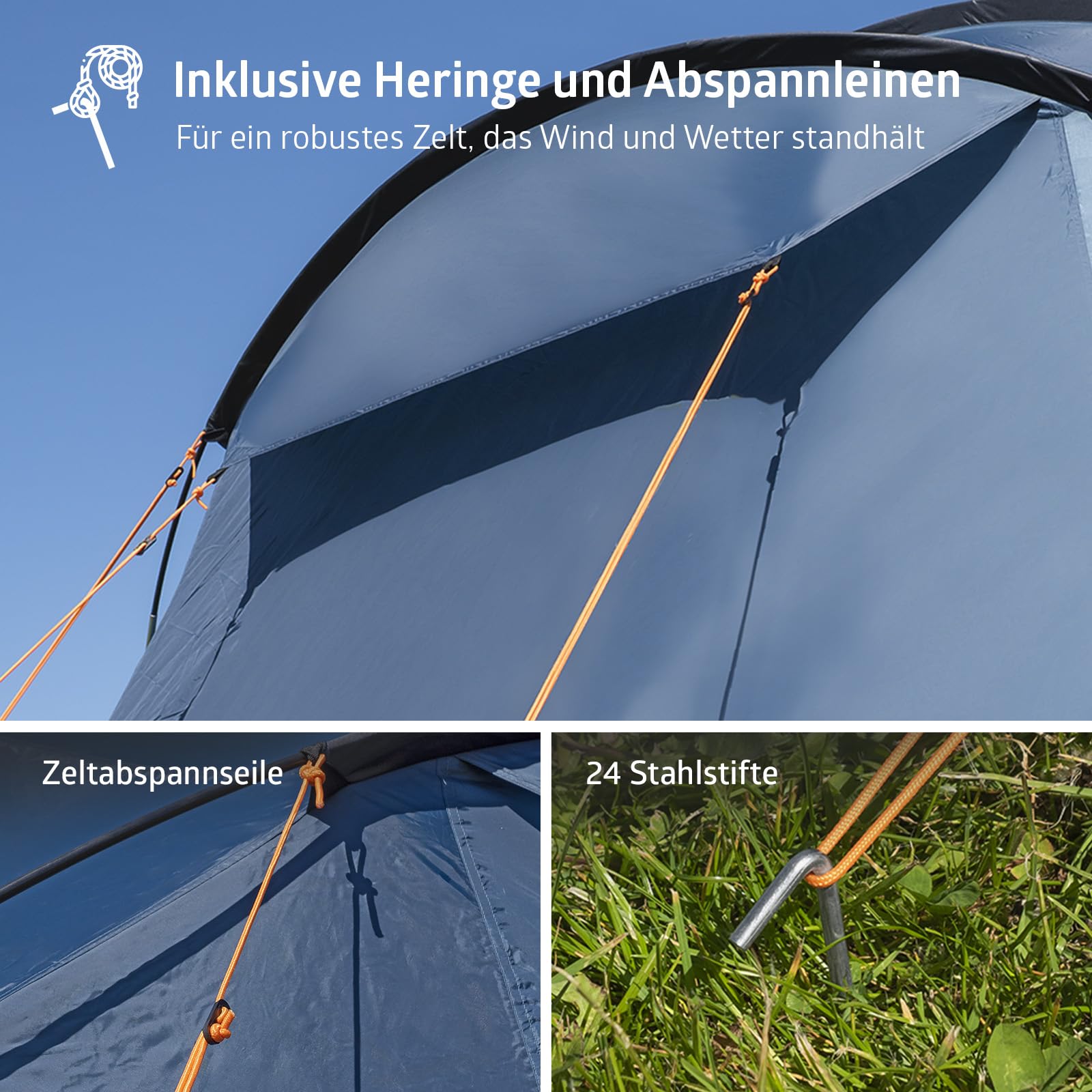 Campout 4-Personen Vis-à-Vis Kuppelzelt – 2 Schlafkabinen – 5000 mm Wassersäule – Wohnbereich – Aufbauzeit 15 Min – inkl. Vordachstangen, Heringen & Tragetasche