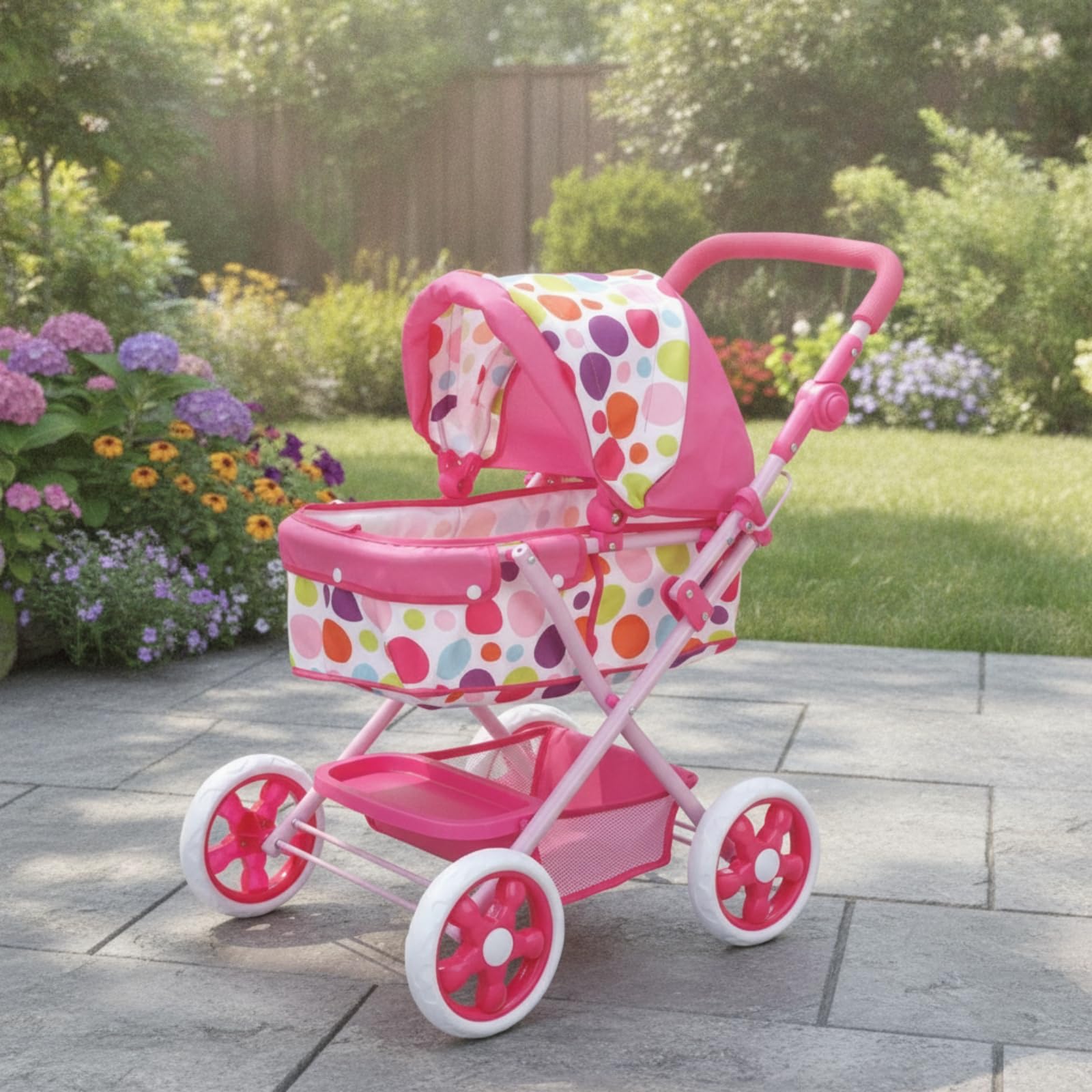 Puppenwagen mit Korb Stabil Spielzeug-Puppenwagen Platzsparend Puppenbuggy für, Zimmer, Großer Verdickter Eisenstange Kinderwagen Griffhöhe Verstellbar