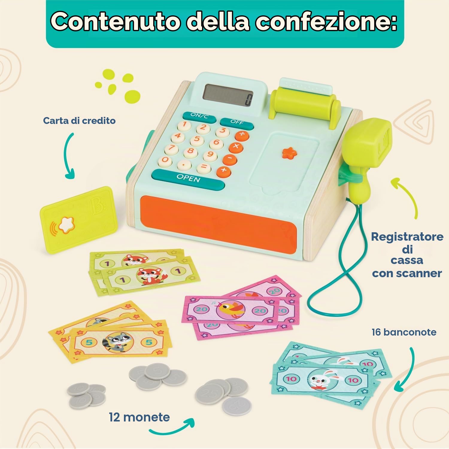 B. toys Mini Cashier, registratore di cassa giocattolo con scanner