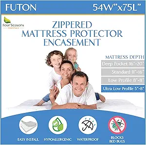 Futon Full (54"x 75") Waterproof Mattress Protector - Waterproof Zippered Encasement Premium Quality Bed Cover Protects Against Dust, Allergens White