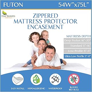 Futon Full (54"x 75") Waterproof Mattress Protector - Waterproof Zippered Encasement Premium Quality Bed Cover Protects Against Dust, Allergens White