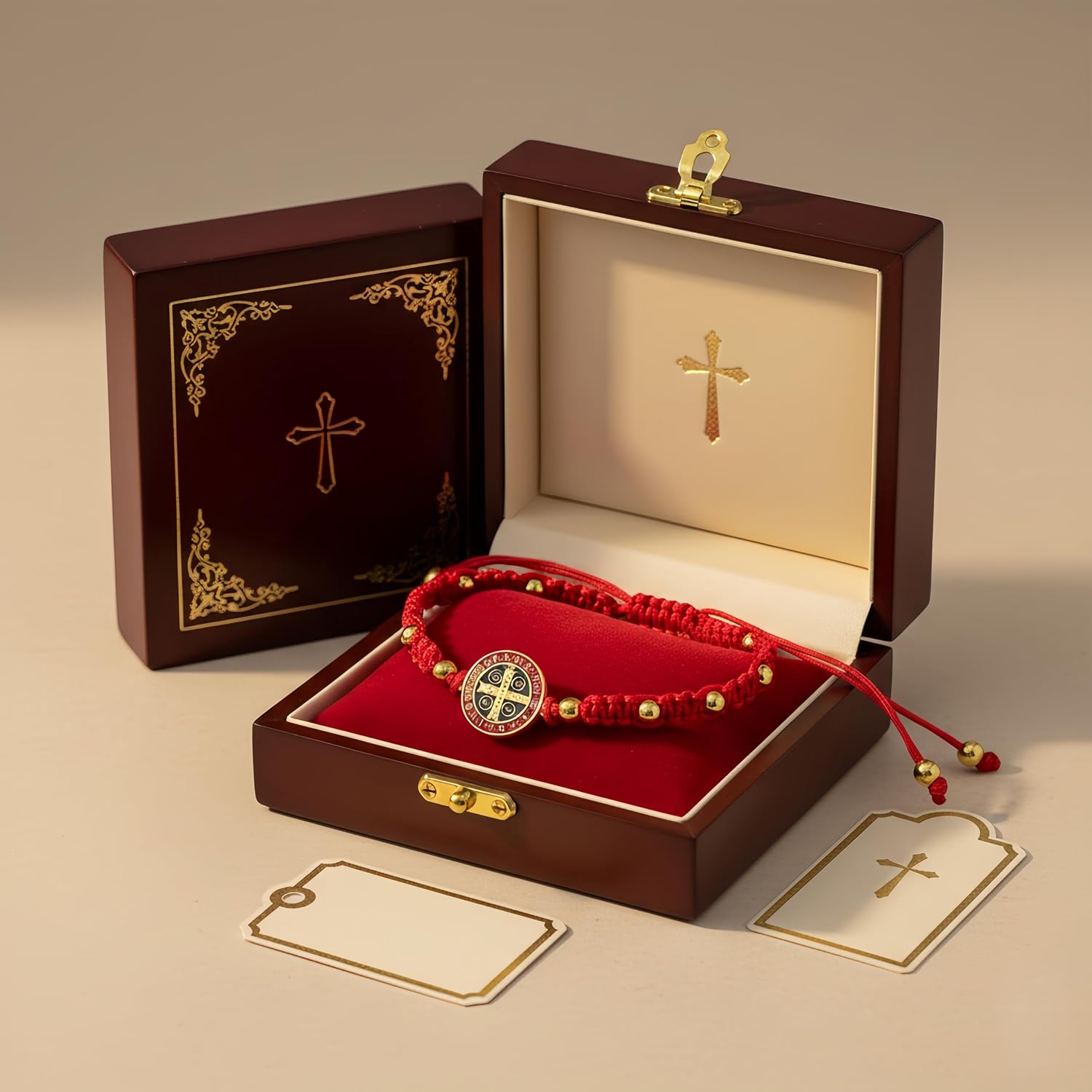 2 Pack St Benedict Bracelet Red String for Protection - Adjustable San Benito Medal Rosary Bracelets for Men Women - Catholic Religious Knot Prayer Beads Gift for Confirmation Faith & Good Luck Charm
