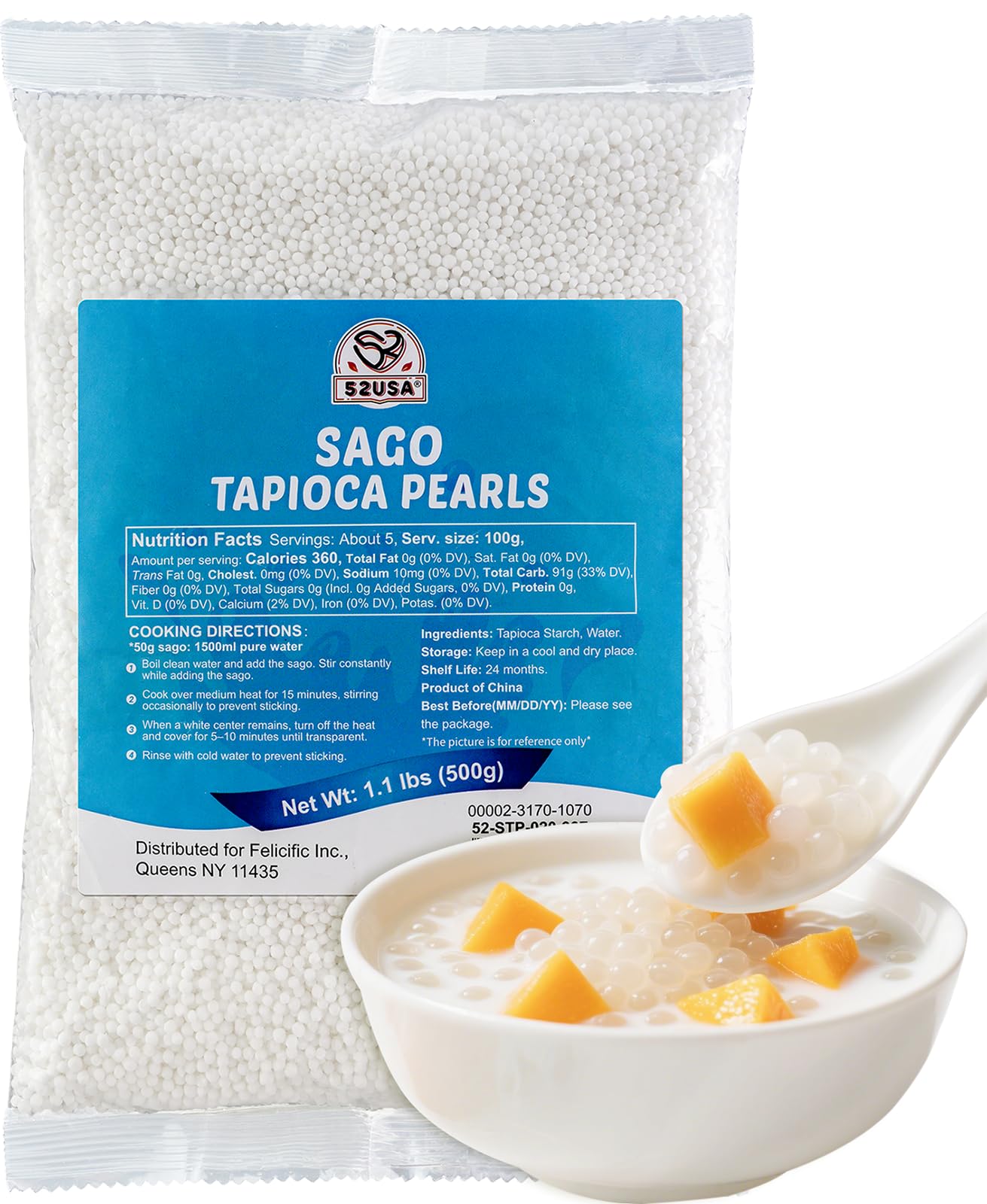 52USA Sago Pearls, Small Tapioca Pearls 1.1 lbs (500g), White Sago for Desserts and Bubble Milk Tea, All Natural, Vegan, Non-GMO, Gluten-Free