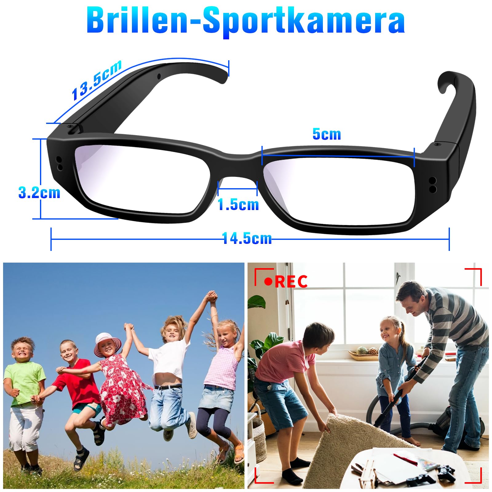 Brillenkamera, Sport-Actionkamera HD-1080P-Brillenvideokamera, Mini-Brillen Kamera, Kleine Videokamera mit Loop-Aufnahmefunktion