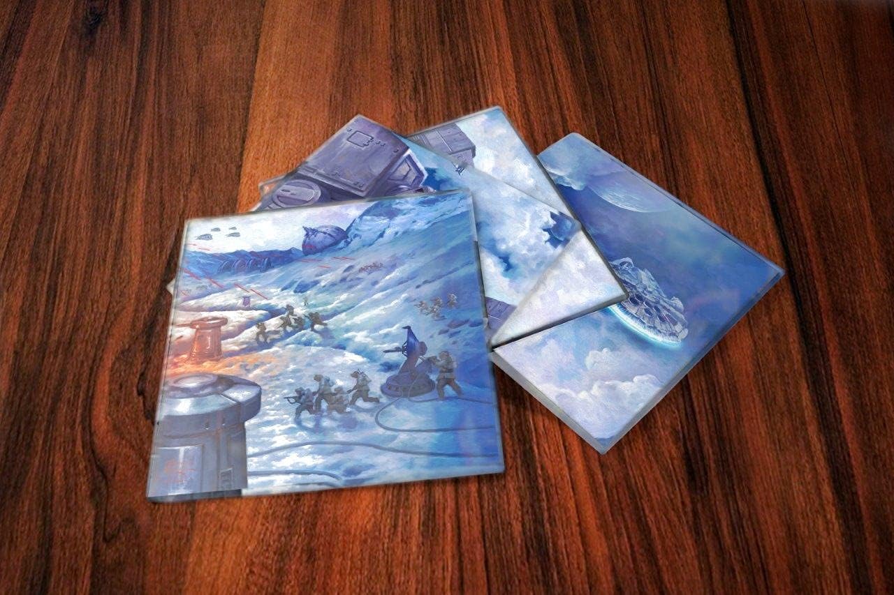 Star Wars– at-at Walker – The Battle of Hoth – Thomas Kinkade – Set of Four 4” x 4” Glass Coasters - Comes with Stylish Modern Wooden Coaster – for Gifting and Collecting SPCSTR1111
