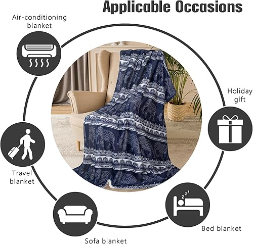 Miniatura 7 de shuownshg Manta de elefante Sherpa de forro polar azul marino, mandala floral azul elefante, manta bohemia bohemia de elefante para sofá, cama,