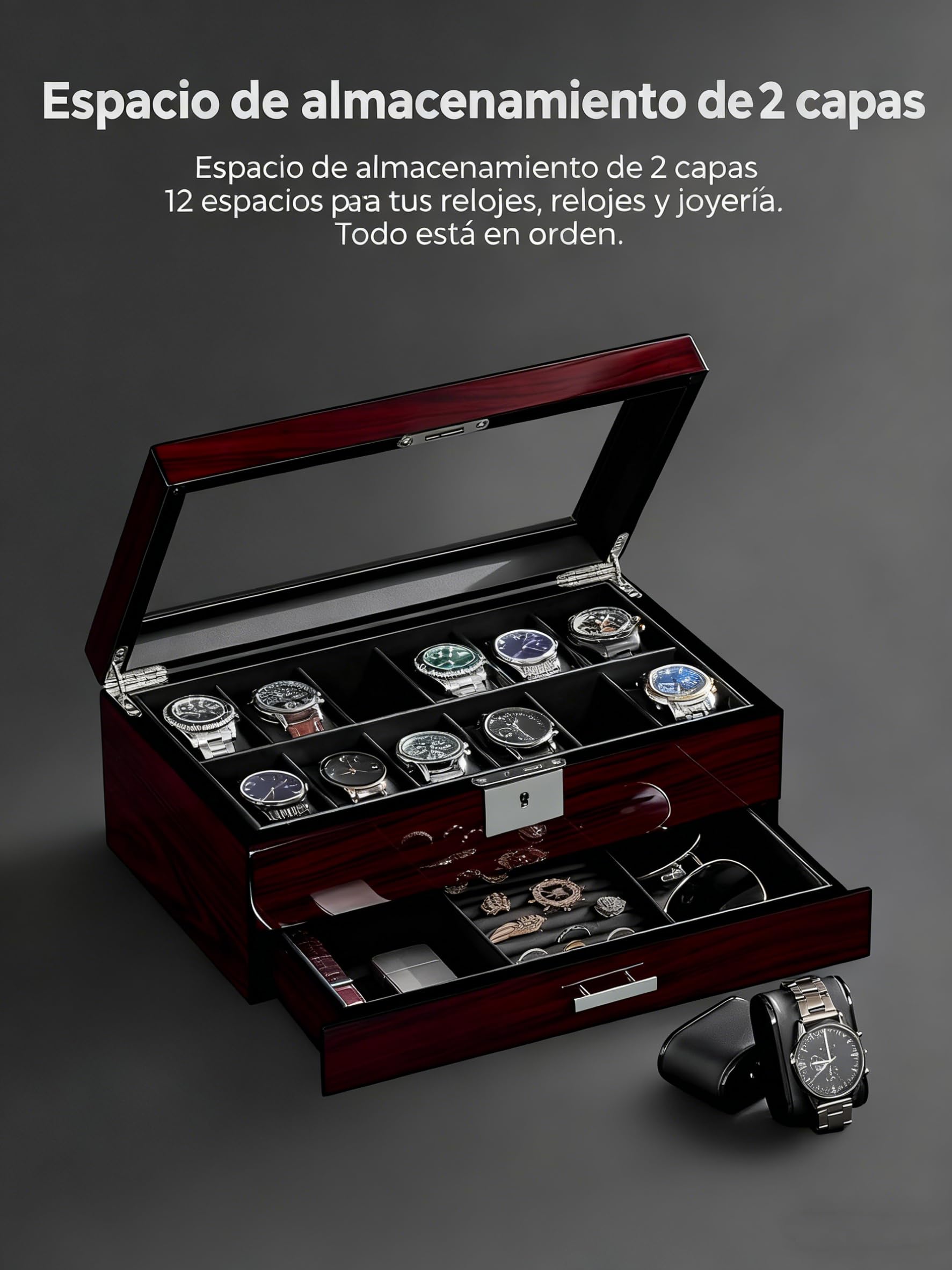 ANWBROAD Caja para 12 Relojes Caja para,Madera Caja de Reloj de Doble Capa