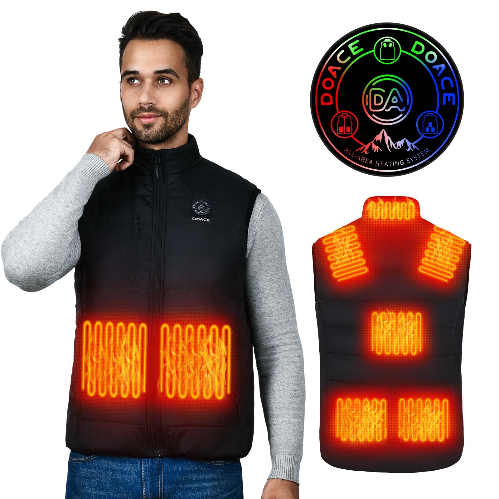 DOACE Heated Vest for Men, Lights-out Design, Smart Electric Heating Vest Rechargeable, Battery Not Included, Black, 2XL