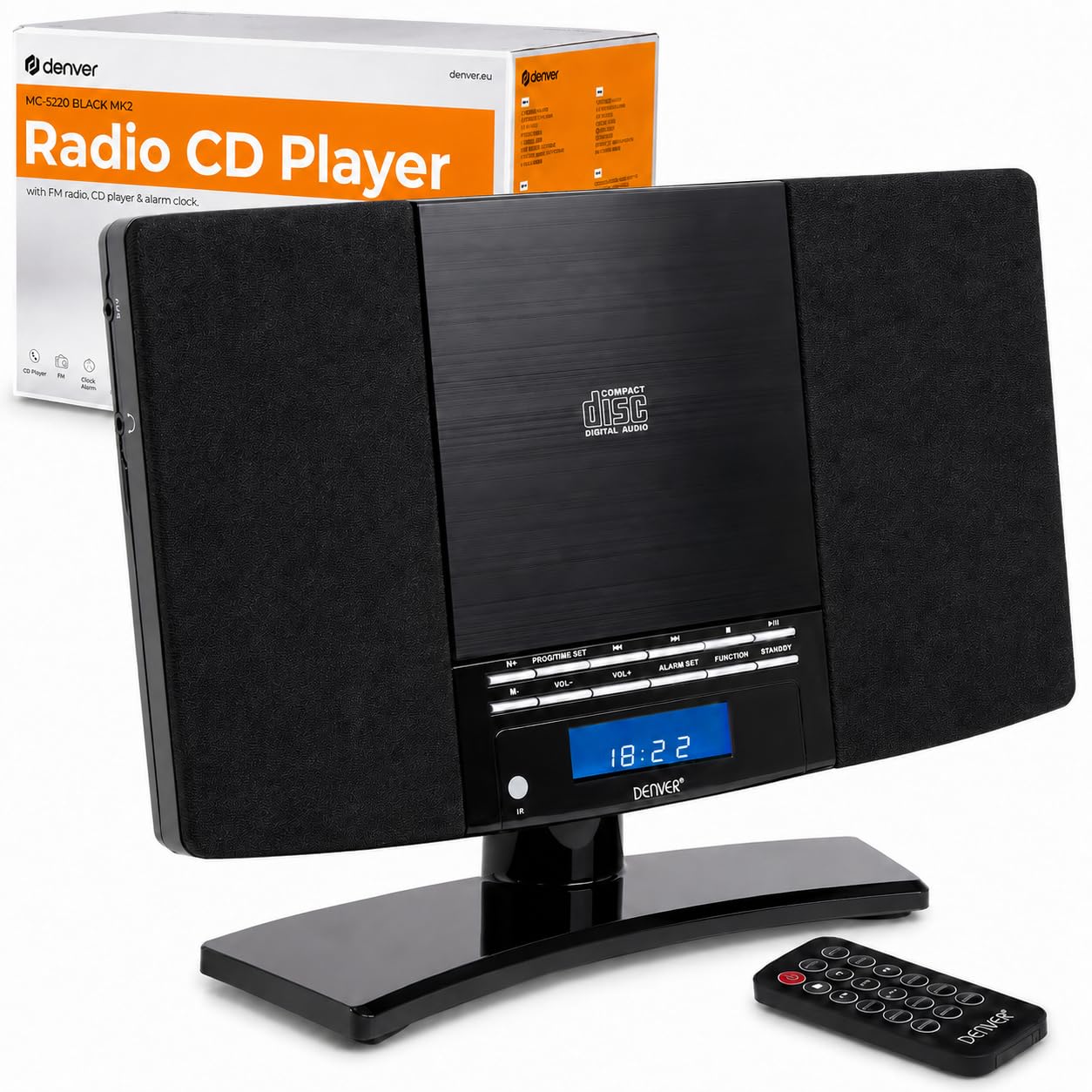 Denver MC-5220 Home Radio CD Player with Speakers, CD Player or Small Mesh Desktop Stand Alarm Clock Radio Boombox Home Audio CD Player with Remote Control, Black-image-43