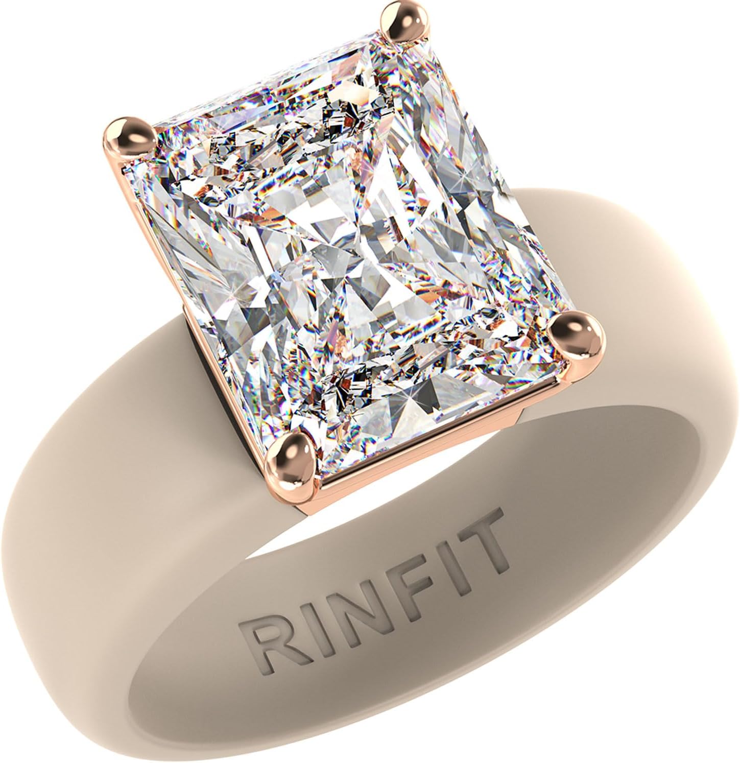 Rinfit Silicone Ring with Stone - Emerald Cut Cubic Zirconia Solitaire Engagement Ring for Women - Rubber Wedding Bands - Patent Pending Design
