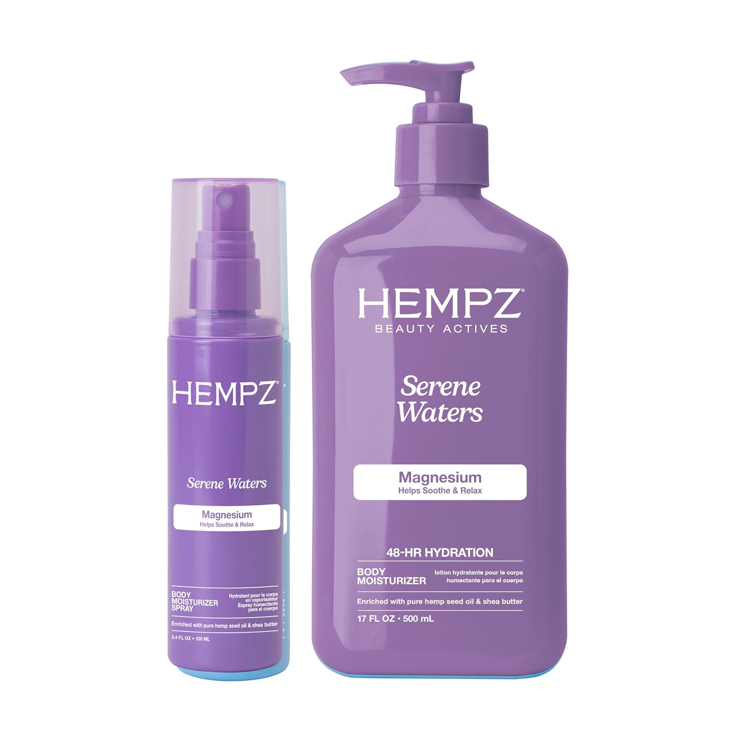 Hempz Magnesium, Serene Waters Bundle - Body Lotion, 17 oz. + Body Moisturizer Spray, Hydrating Mist 1 fl.oz.