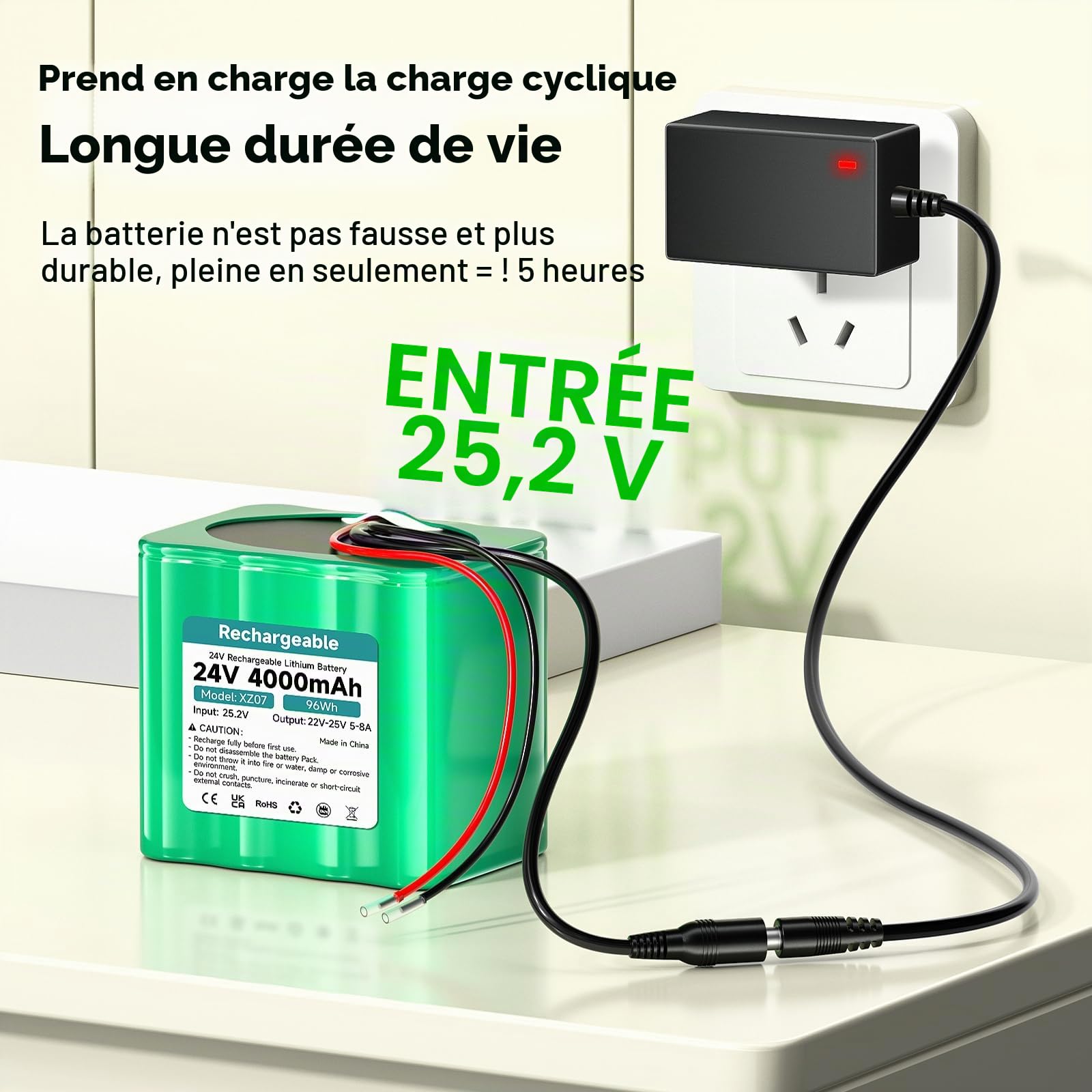 24v Batterie 4000mAh Batterie Rechargeable au Lithium avec Chargeur et Adaptateur connecteur et Ligne de Connexion, pour périphériques 24 V, DIY Toy/Jeu/Jouet Automobile