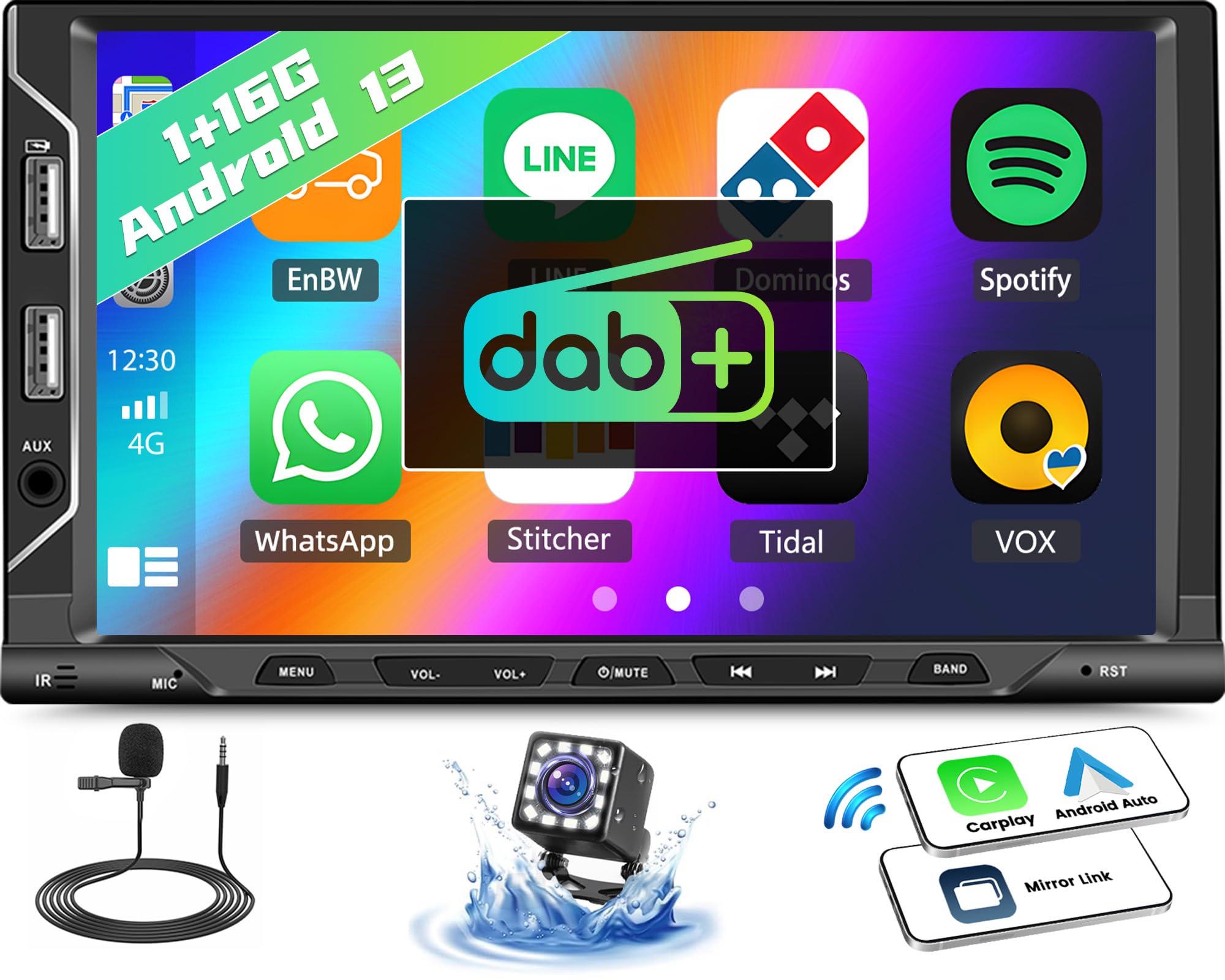 1+16G Android 13 Double Din DAB+ Car Stereo with Wireless CarPlay Android Auto, 7'' Touchscreen Car Radio with Mirror Link Bluetooth FM RDS DAB+ Radio,WiFi, GPS, SWC, EQ, 6 USB Ports, Backup Camera
