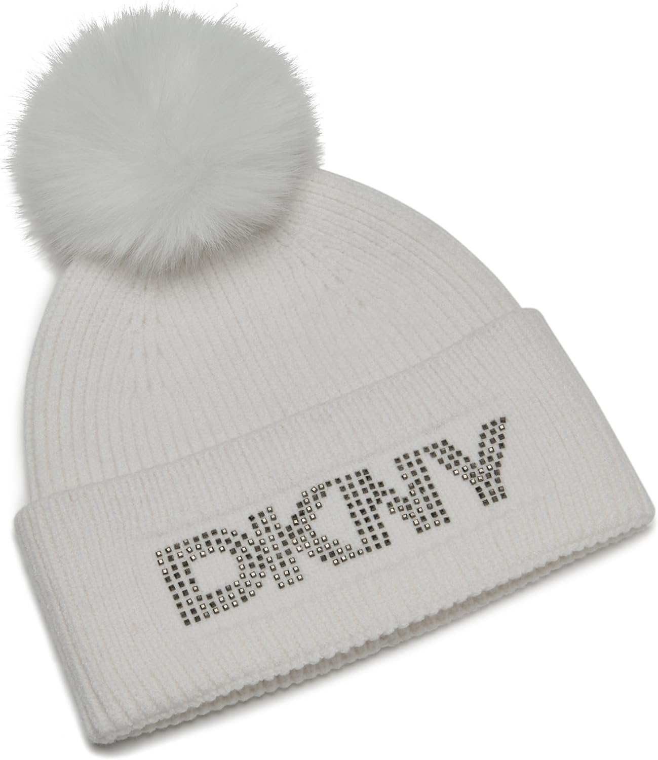 DKNY Womens Studded Logo Knit Beanie with Faux Fur Pom - Image 2