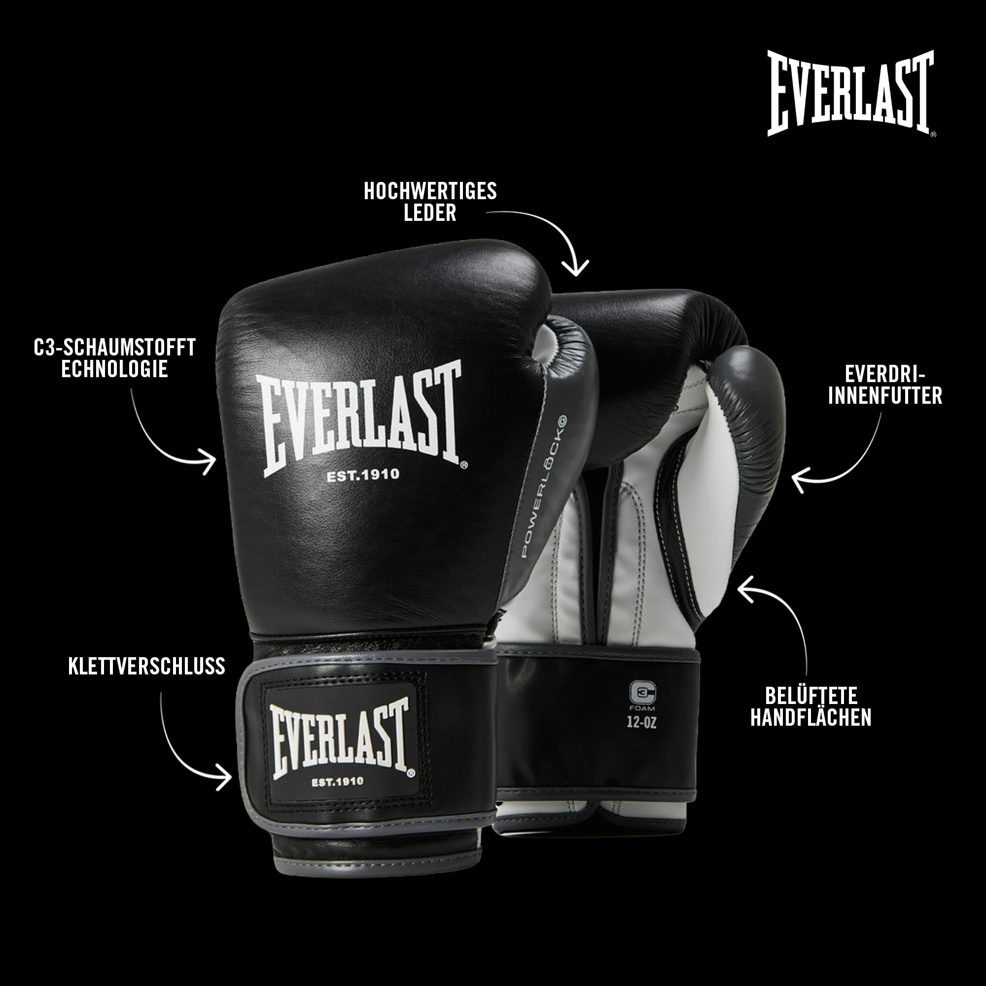 Everlast Powerlock OG Advanced Boxhandschuhe Sandsack-, Mitt- & Sparring-Handschuhe mit Klettverschluss, EverDri, C3-Schaumstoff, ergonomischer Griff – Original Everlast Ausrüstung