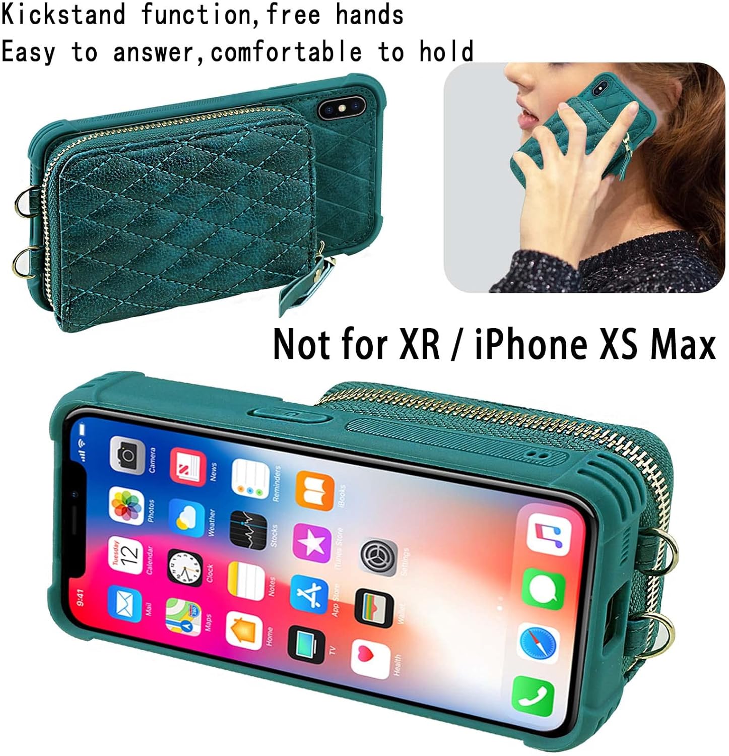 MONASAY Zipper Wallet Case Fit for iPhone X/XS,[Glass Screen Protector ][RFID Blocking] Flip Leather Handbag Phone Cover with Card Holder and Detachable Crossbody Shoulder Lanyard Strap, Dark Green