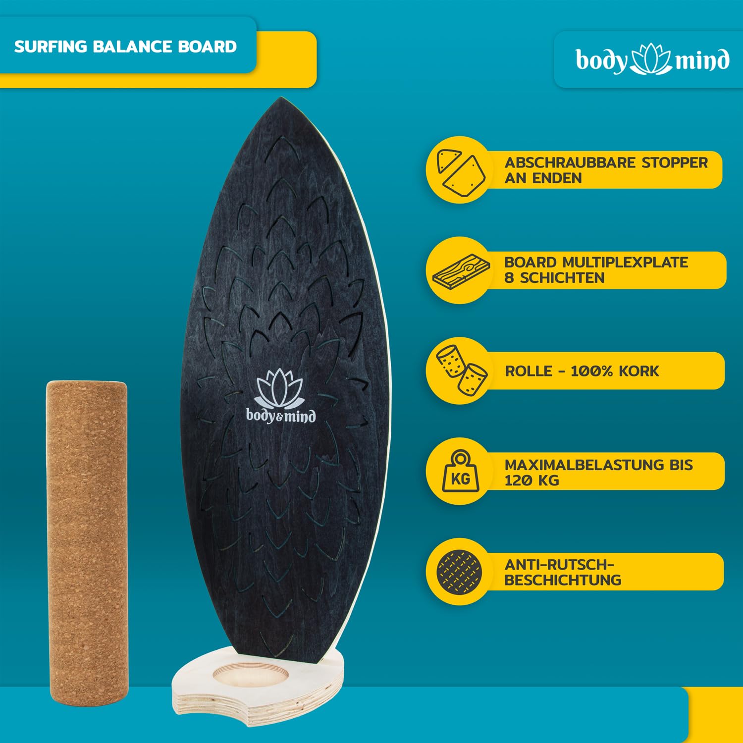 Balance-Board Surfbrett Surf Balance Wackelbrett für Physiotherapie Surf-Training; Trainiert Gleichgewicht & Koordination mit gratis E-BOOK (Dark Ocean)