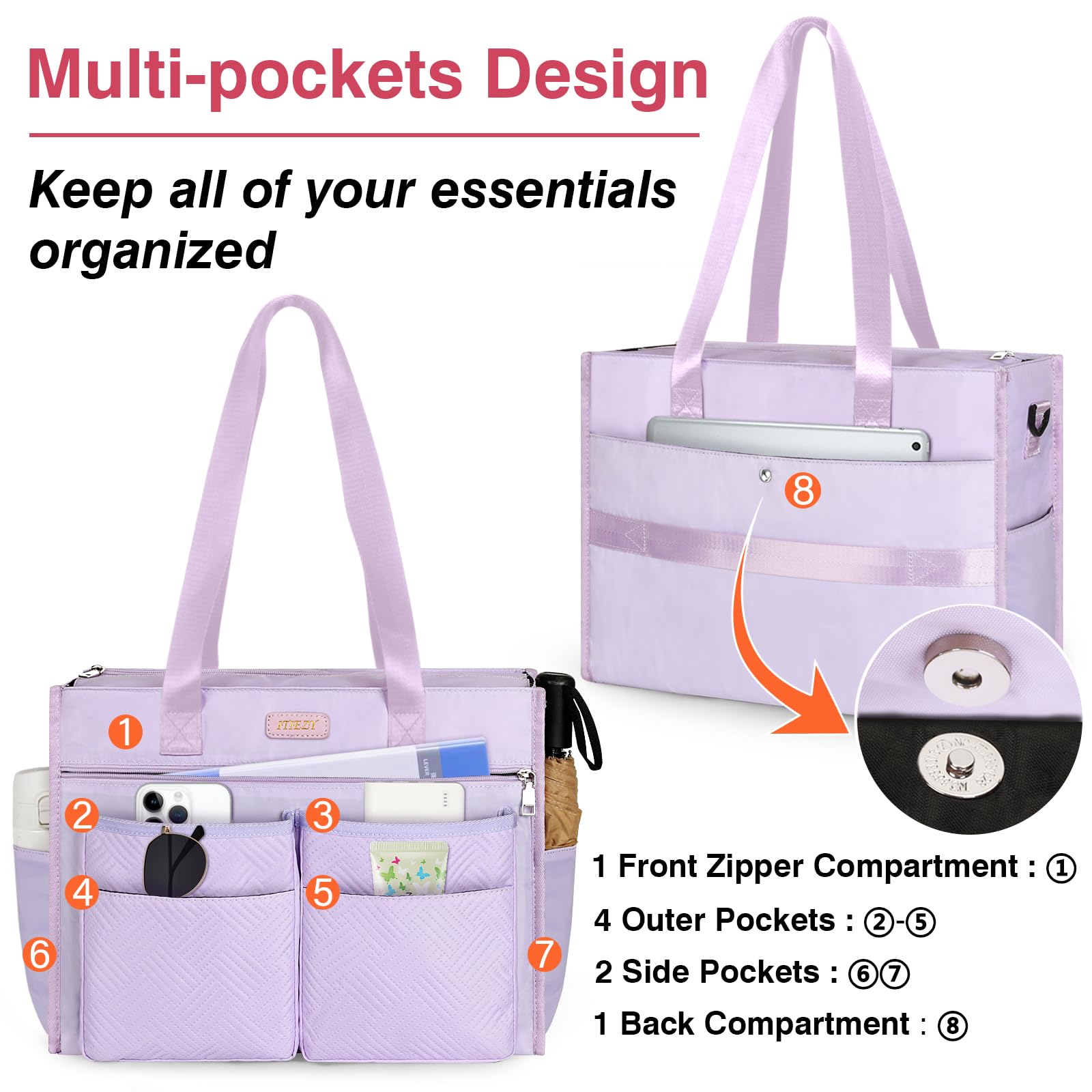 ITIEZY Borsa shopper da donna, grande, impermeabile, con 18 tasche, 16 pollici, borsa da lavoro da donna con chiusura lampo, per università, ufficio, lavoro, viaggi