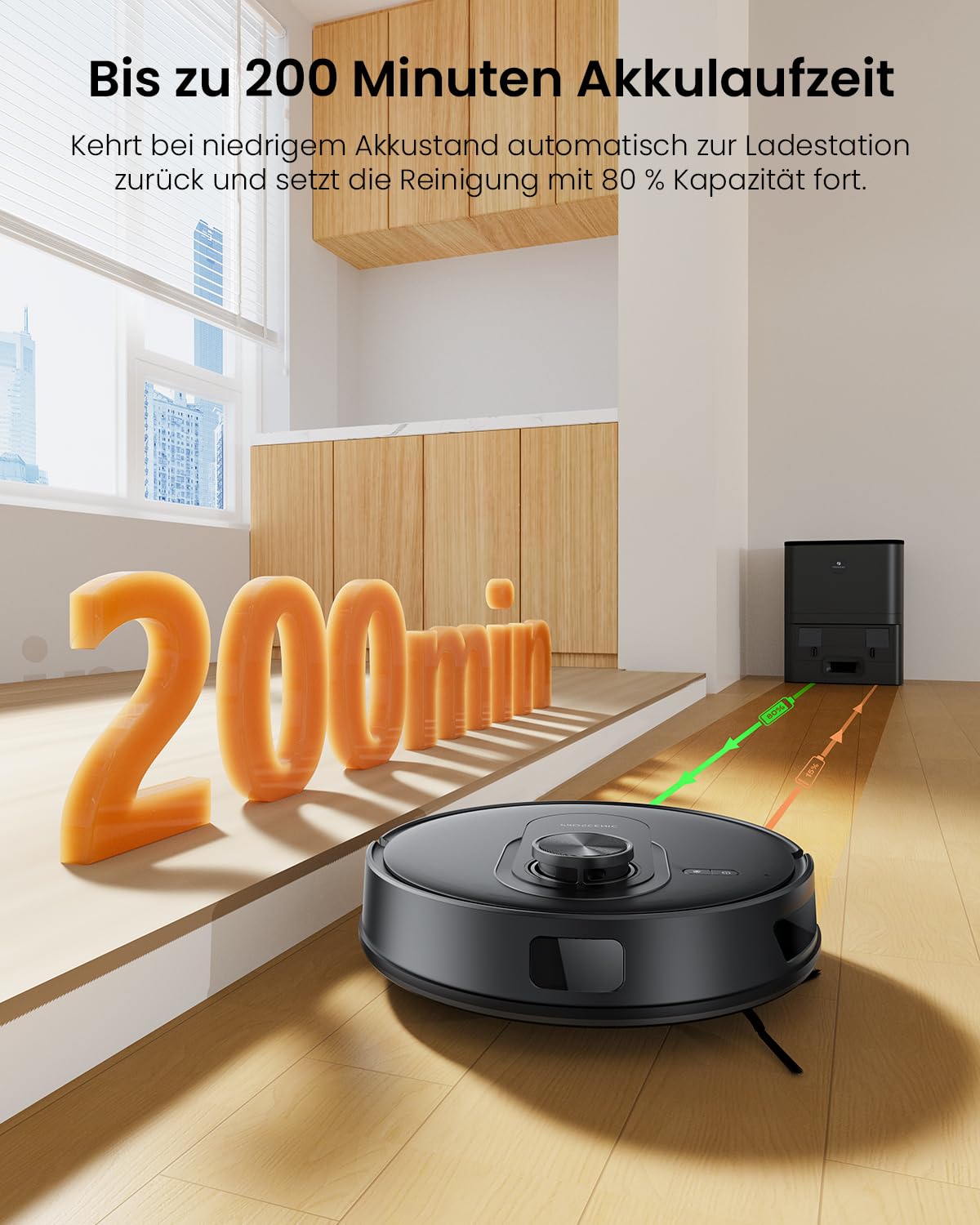 Proscenic Q8 Max+ Saugroboter mit Wischfunktion, 8000 Pa 200 Min Staubsauger Roboter mit Absaugstation, LiDAR-Navigation mit 5 Karten & Linienlaser-Hindernisvermeidung, Steuerung über APP Alexa Siri