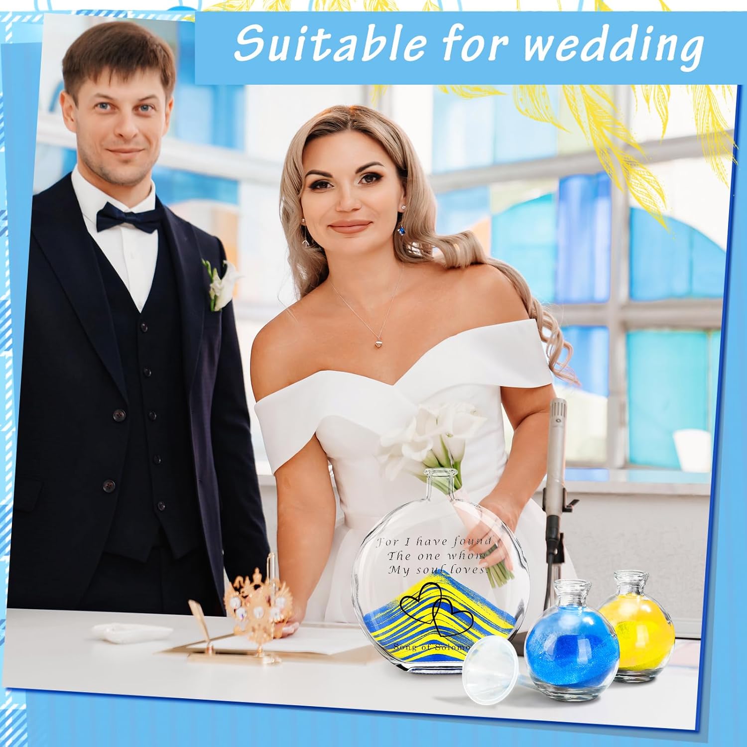 Irenare Unity Sand for Wedding Ceremony Set Include 3 Decorative Vase, Blue Yellow Sand, Cork Stopper Ceremony Kit for Weddings Centerpiece Engagement Keepsake Anniversary Memorial Bridal Show Party