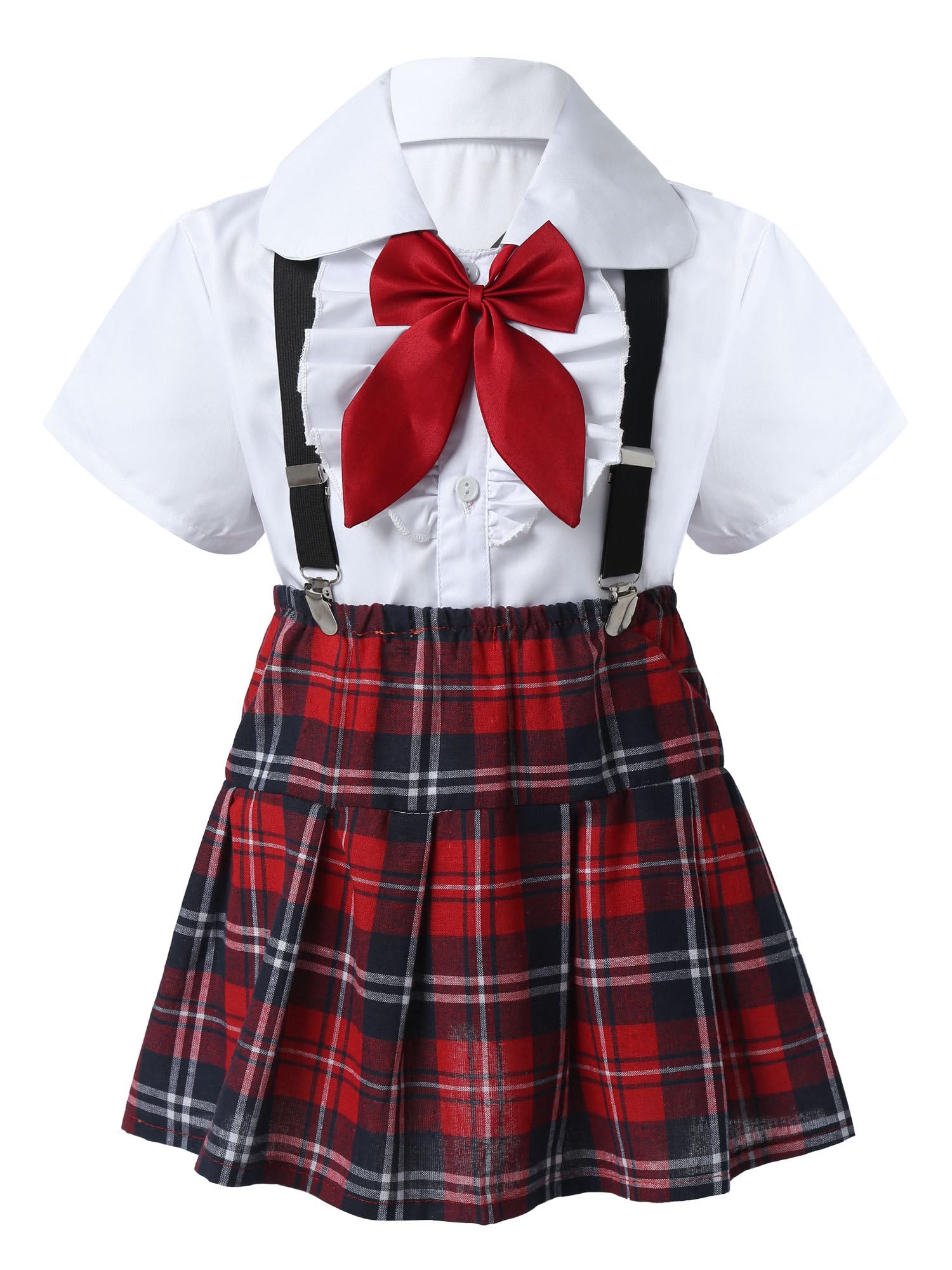 inlzdz Uniformes Escolares Niñas Japonés Coreano Niñas Conjuntos de Top y Falda para Niña Camisa Manga Corta + Falda Plisada de Tirantes