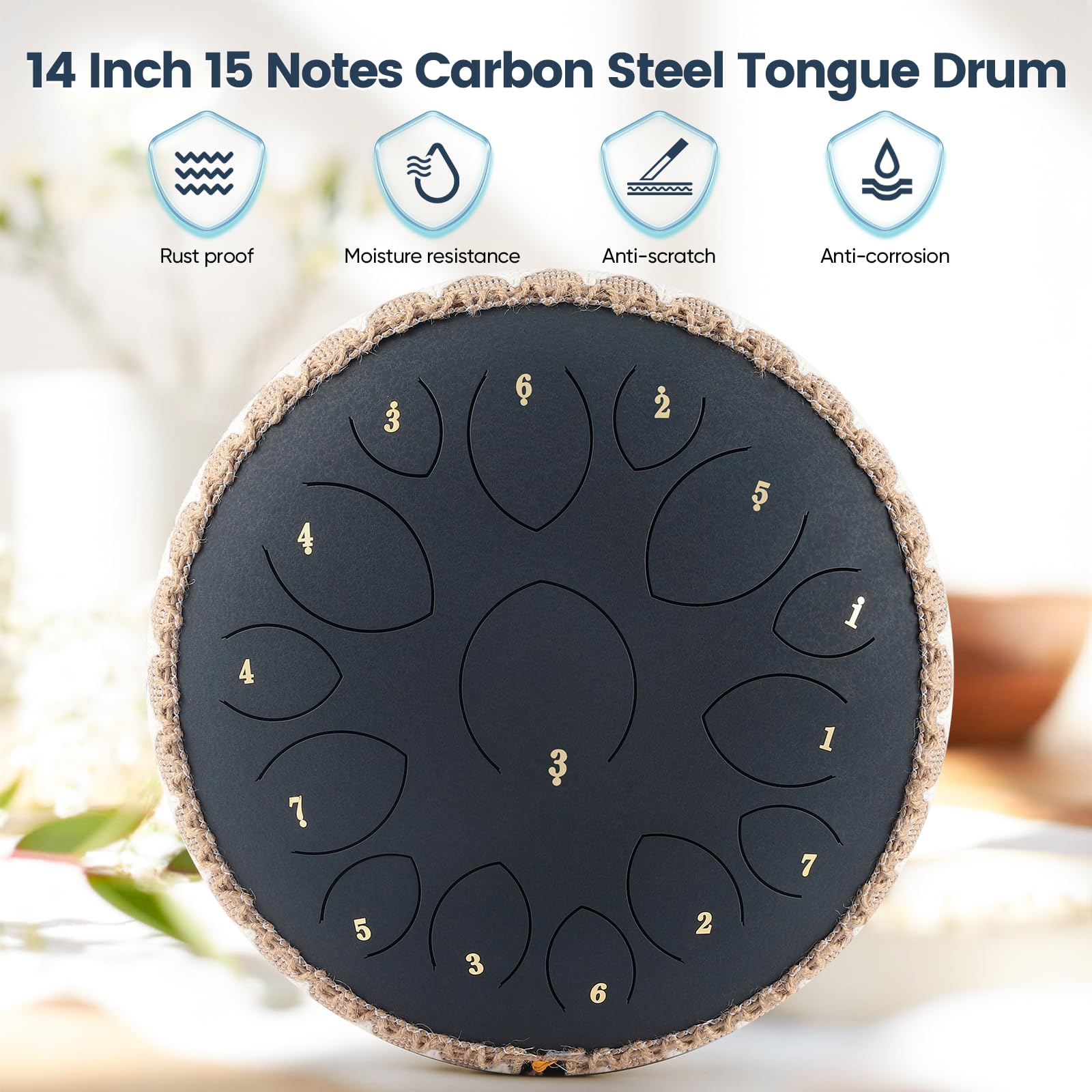 Steel Tongue Drums, Tambor de Lenguetas de acero de 14 pulgadas 15 notas, Instrumento musical para niños, Handpan para Meditación, Relajación de Melomanas y Principiantes