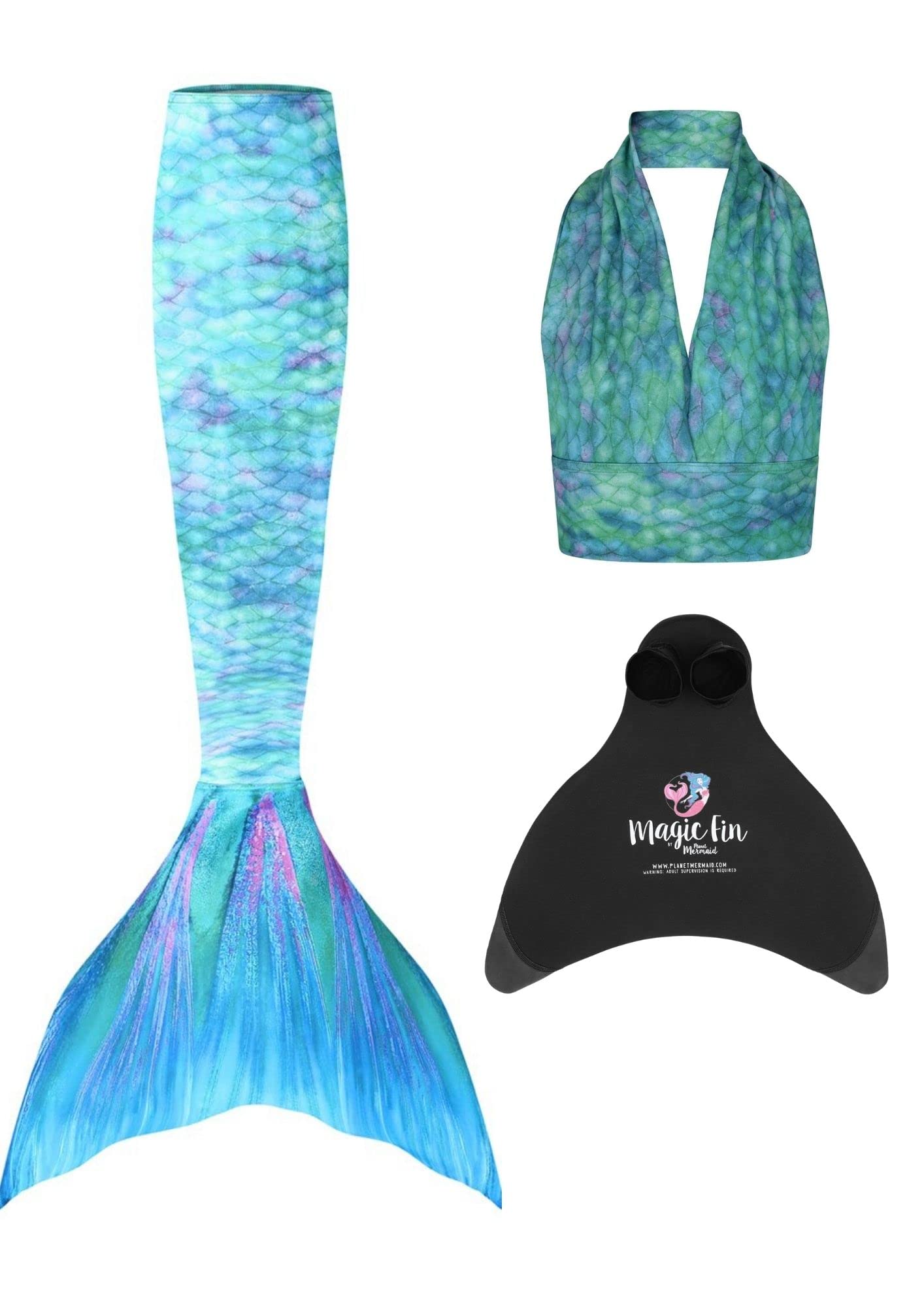 Mermaid Planet Woman's 3 Piece Vivid Colour Swimming Mermaid Tail, Top & Wear-Resistant Magic Fin Monofin. Mint Splash. Size 8-10