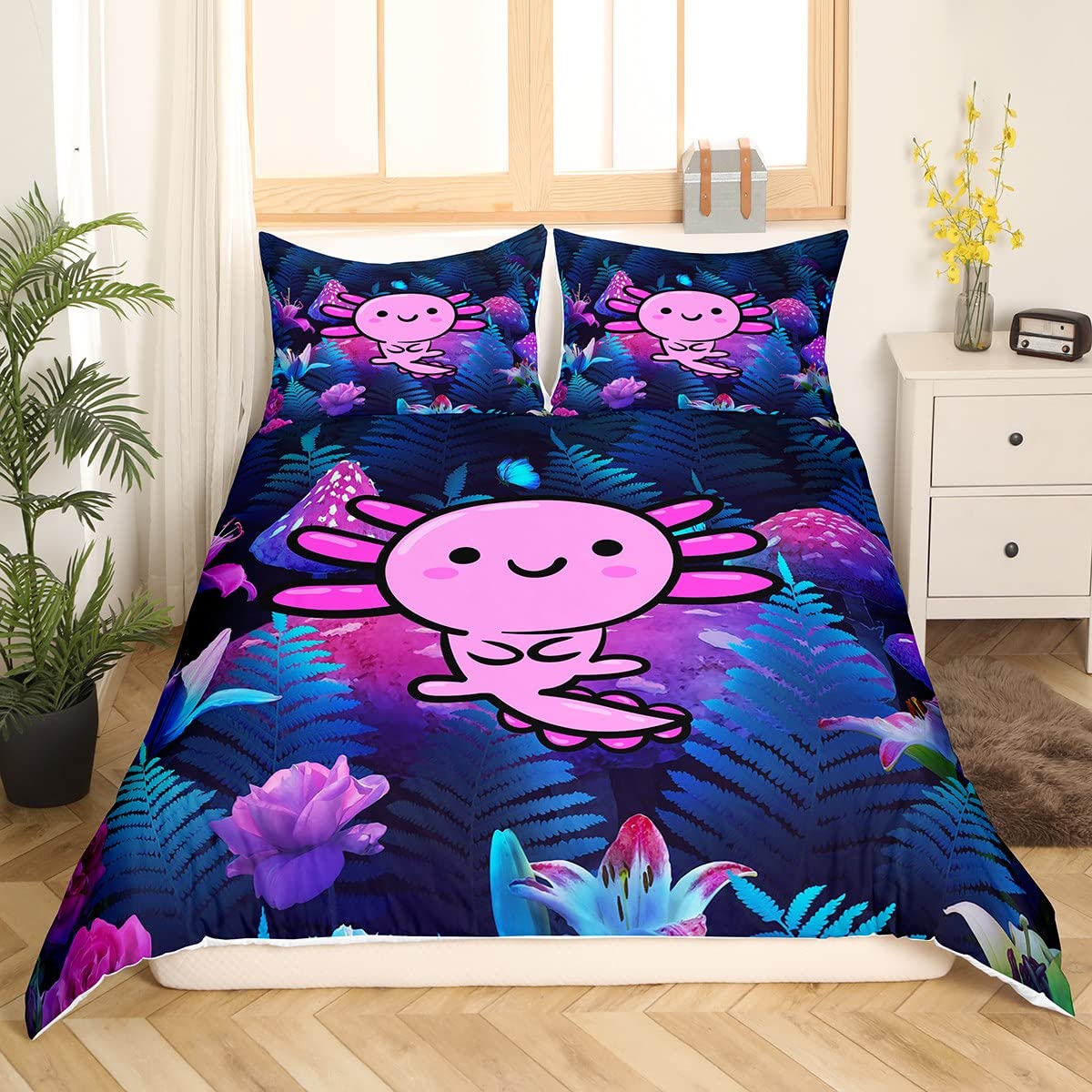 Loussiesd Cute Axolotl Bedding Set for Kids Boys Super King Bedroom Cartoon Salamander Bed Duvet Cover Set,Mushroom Leaves Comforter Cover Purple Pink Blue Decor 3 Pieces 1 Duvet Cover - Image 4