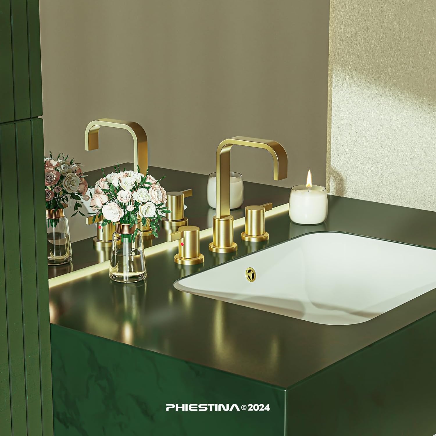 Phiestina Brushed Gold 8 Inch 3 Hole 2 Handle Waterfall Widespread Bathroom Sink Faucet, Bathroom Faucet with Metal Pop Up Drain and Water Supply Line, WF040B-1-BG