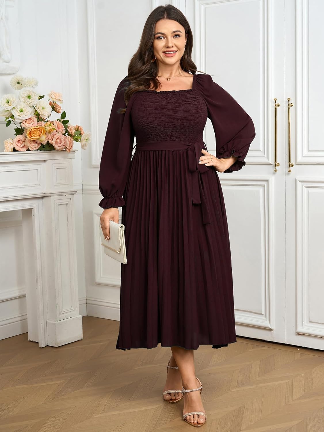 Women's Plus Size Dress Long Sleeve Smocked Square Neck Ruffle Pleated Flowy Wedding Guest Maxi Fall Dress - Image 8