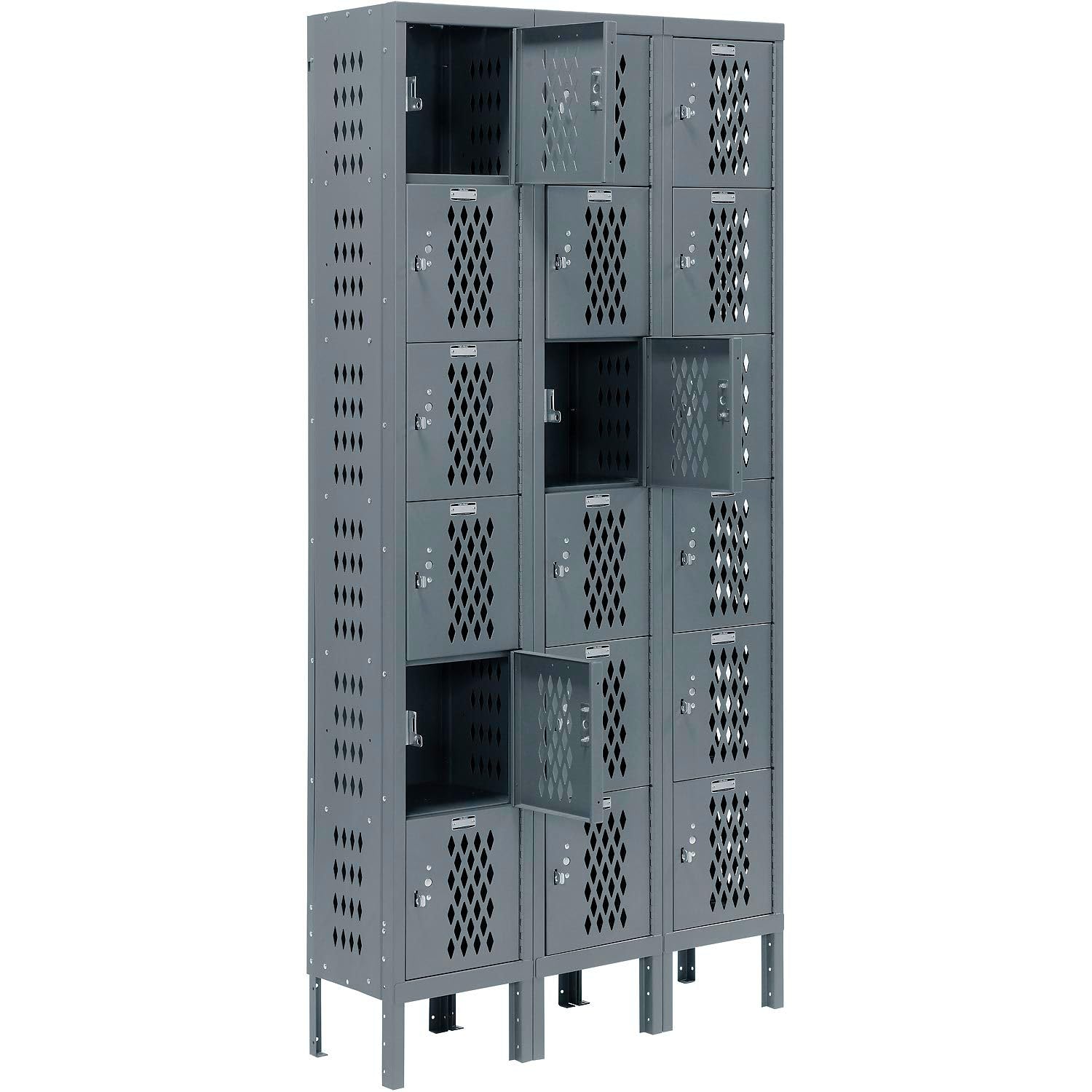 Global Industrial Heavy Duty Ventilated Steel Locker, Six Tier, 3-Wide, 12x15x12, Unassembled, Gray