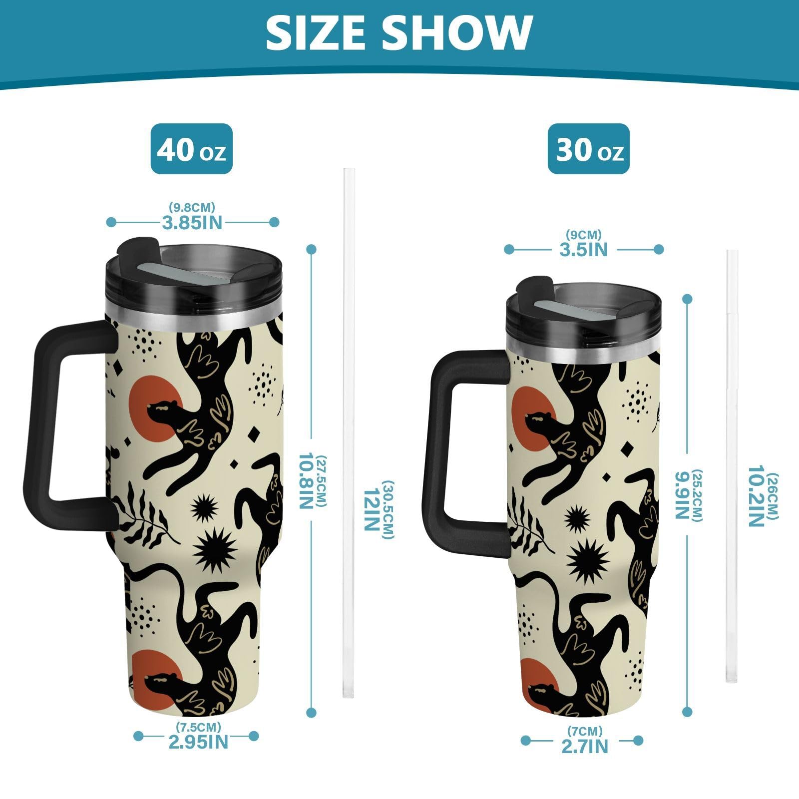 Isolierter Trinkbecher, ethnischer Boho-Leopardenmuster, doppelwandig, Edelstahl, Wasserflasche, Kaffeetasse, Reisebecher mit Griff, Strohhalm-Deckel