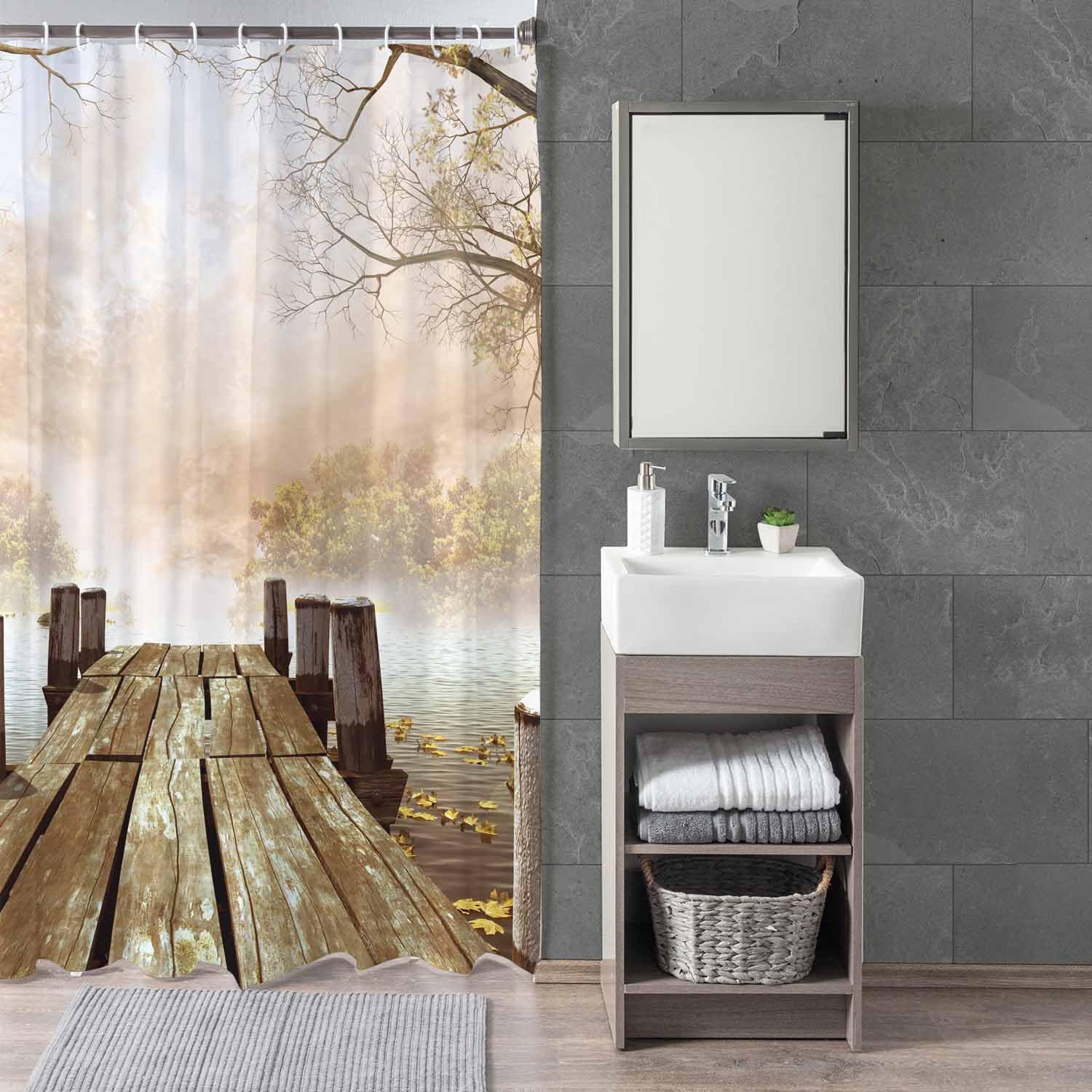 Woutay Shower Curtain Water Repellant Fabric Lakeside Scenery,Mould Proof Resistant,Polyester,with 12 Plastic Hooks - Image 3