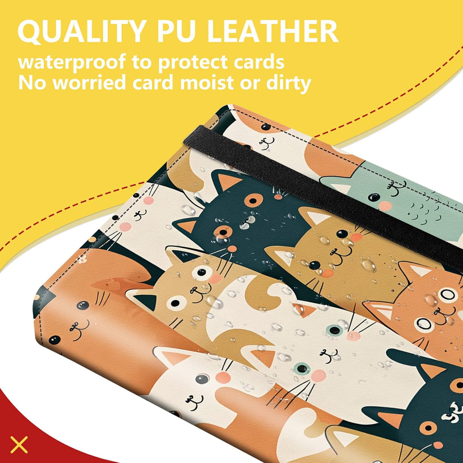 4-Pocket Card Binder 50 Pages Holds 400 Cards, Card Book Collector Album Folder for Yugioh, MTG, TCG, Cute PU Leather Trading Card Holder with Elastic Strap, Cute Cats