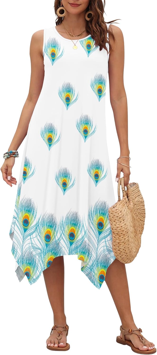 AUSELILY Women's Summer Dresses 2026 Casual Sleeveless Sundress Asymmetrical Hem Midi Tank Beach Dress with Pockets - Image 2