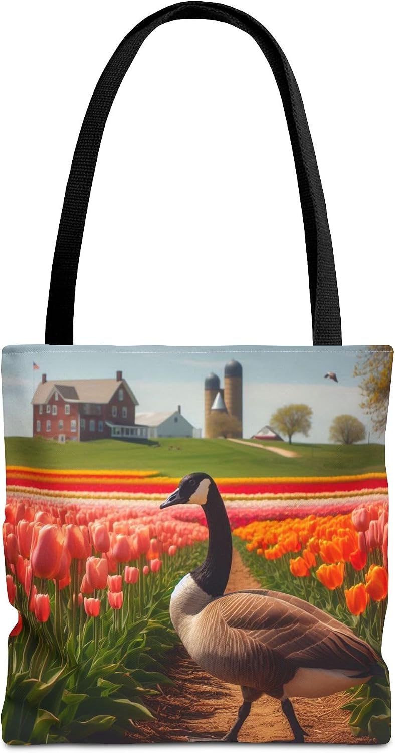Premium Tote Bag with Reinforced Stitching - A Canada Goose Waddling Near Tulips in Iowa