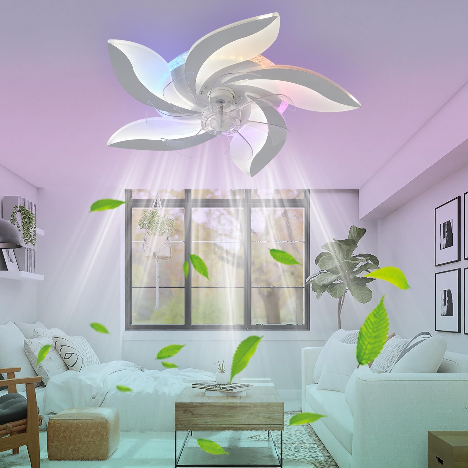 HXYSXHJUO RGB Ceiling Fan with Light and Remote Control Quiet Motor DC Reversible 6 Wind Speed Fans Lamps LED Dimmable for Bedroom Living Room Small Modern