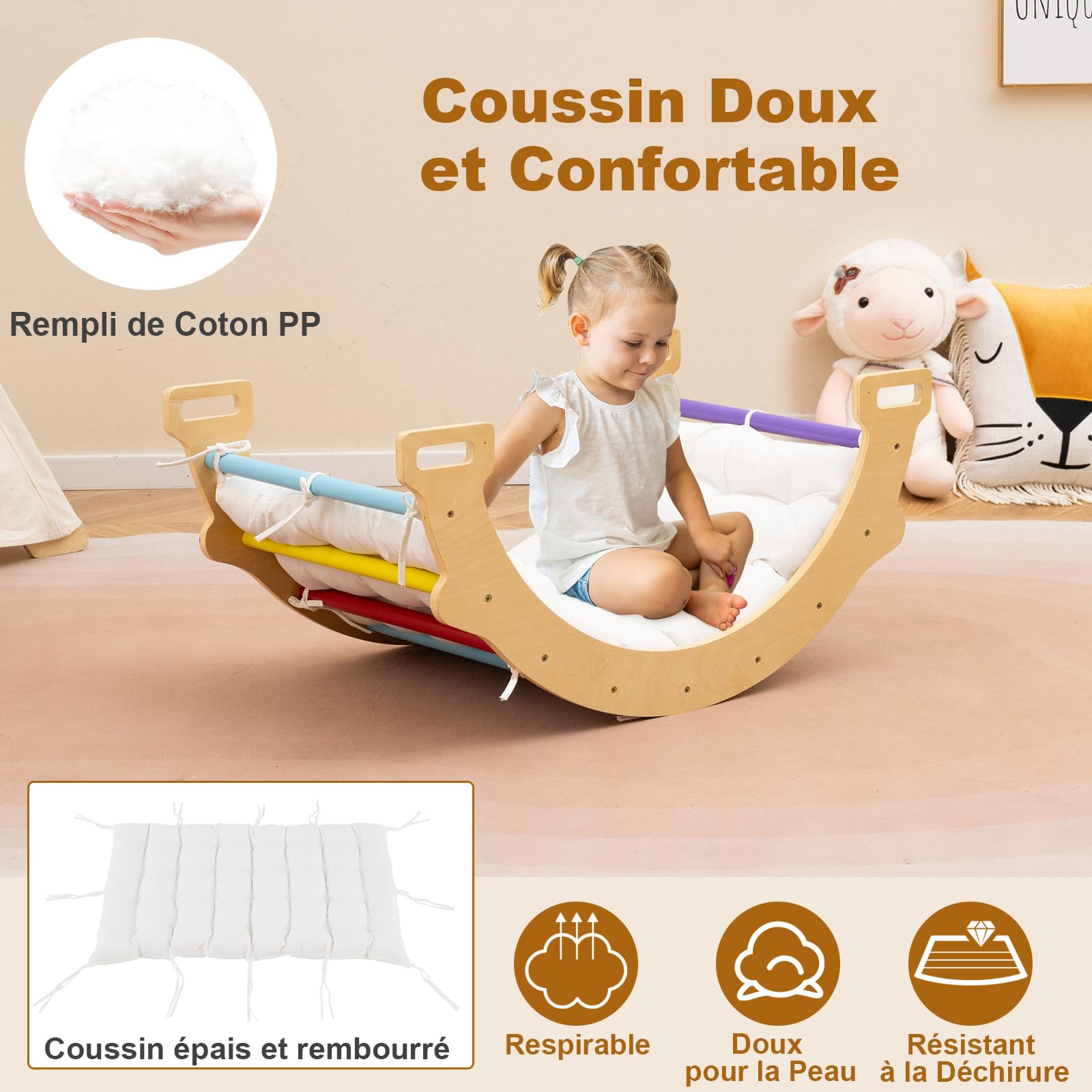 GOPLUS 2 en 1 Arco de Escalada Infantil de Madera, Basculante Con Cojín Suave, Montessori de Juego de Equilibrio de Entrenamiento, Carga 50 kg, Para 1 Año+ (Colorido)