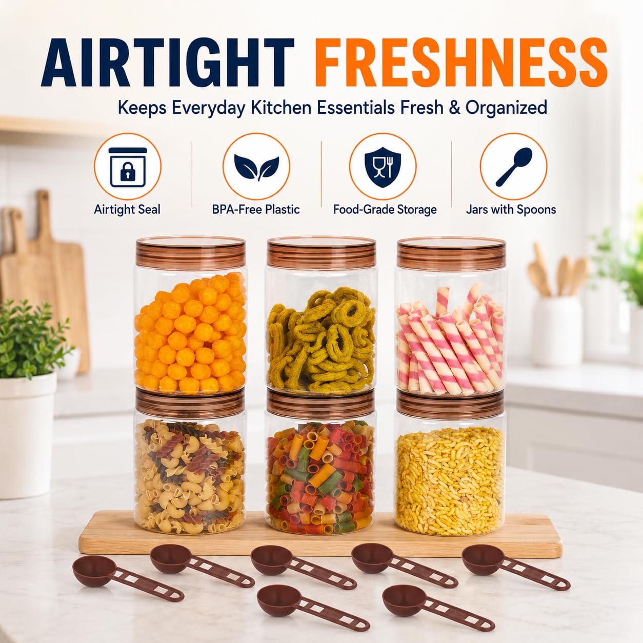 Homeor Lot de 6 bocaux de rangement en plastique avec cuillère, récipients hermétiques et sans BPA pour le rangement de la cuisine, les courses, les courses, les récipients de rangement pour