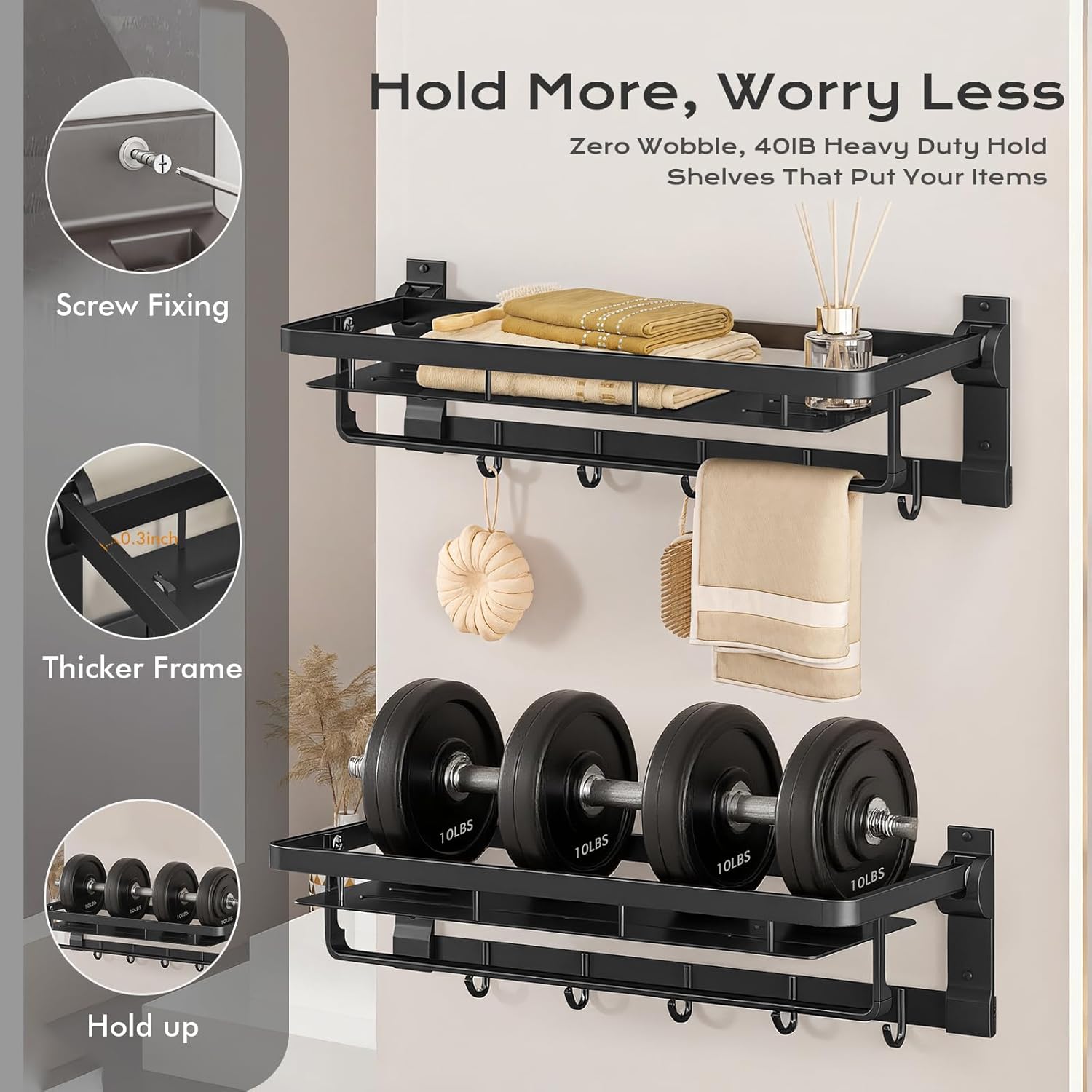 Rust-Proof Floating Shelves Organizer With Foldable Towel Bar 5 Towel Hooks Wall Mounted Organizer 23-Inch Towel Racks For Bathroom Lavatory Kitchen Rv Home Decor, Matte Black