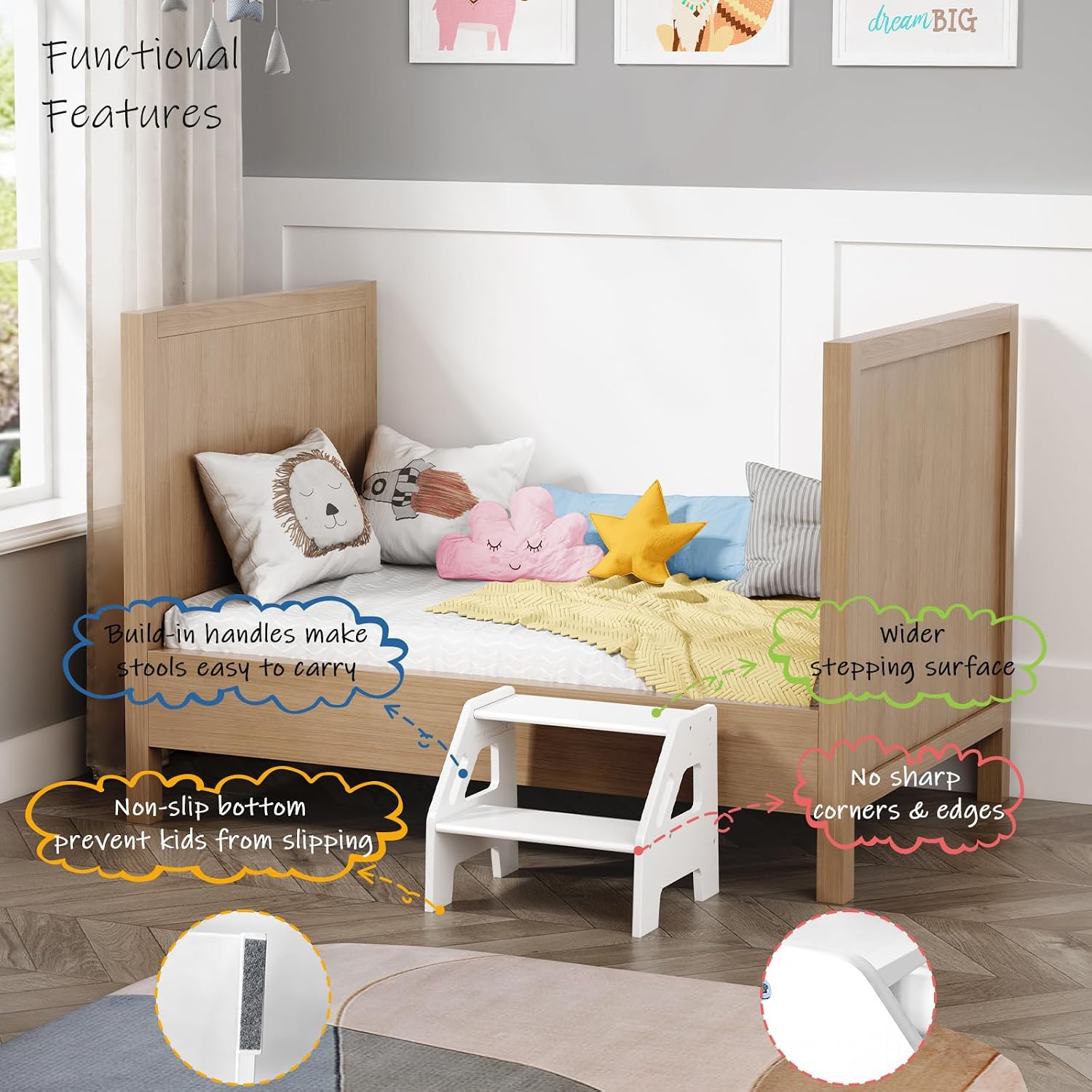 Harwaya White Wood Toddler Step Stool for Bathroom Sink, 2 Step Kids Stool for Toilet Potty Training, Baby Child Stepping Stool with Handles for Toddlers Nursery Kitchen Counter (White)