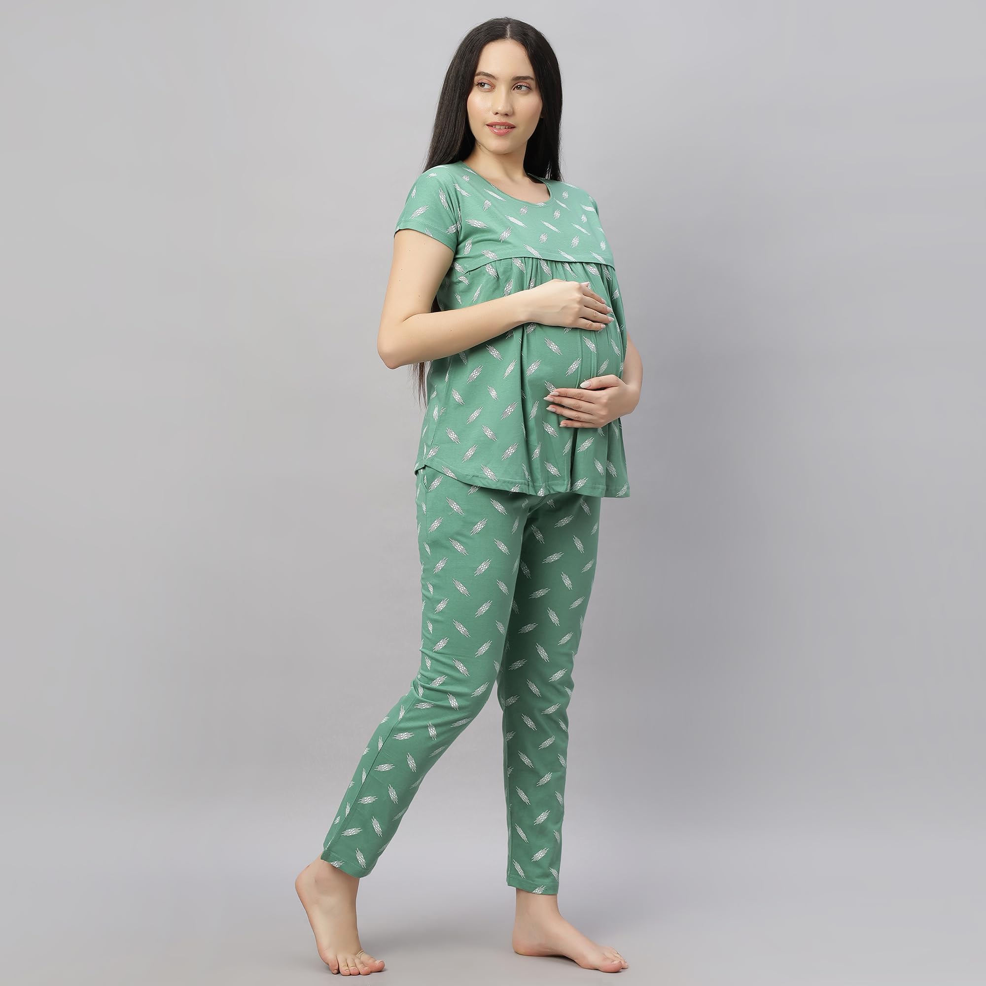 DZZO New Women's Cotton Printed Maternity Night Suit | Comfortable Feeding Night Dress | Soft & Breathable Nursing Pajama Set | Color - Green, Size - 2XL - Image 3 thumbnail